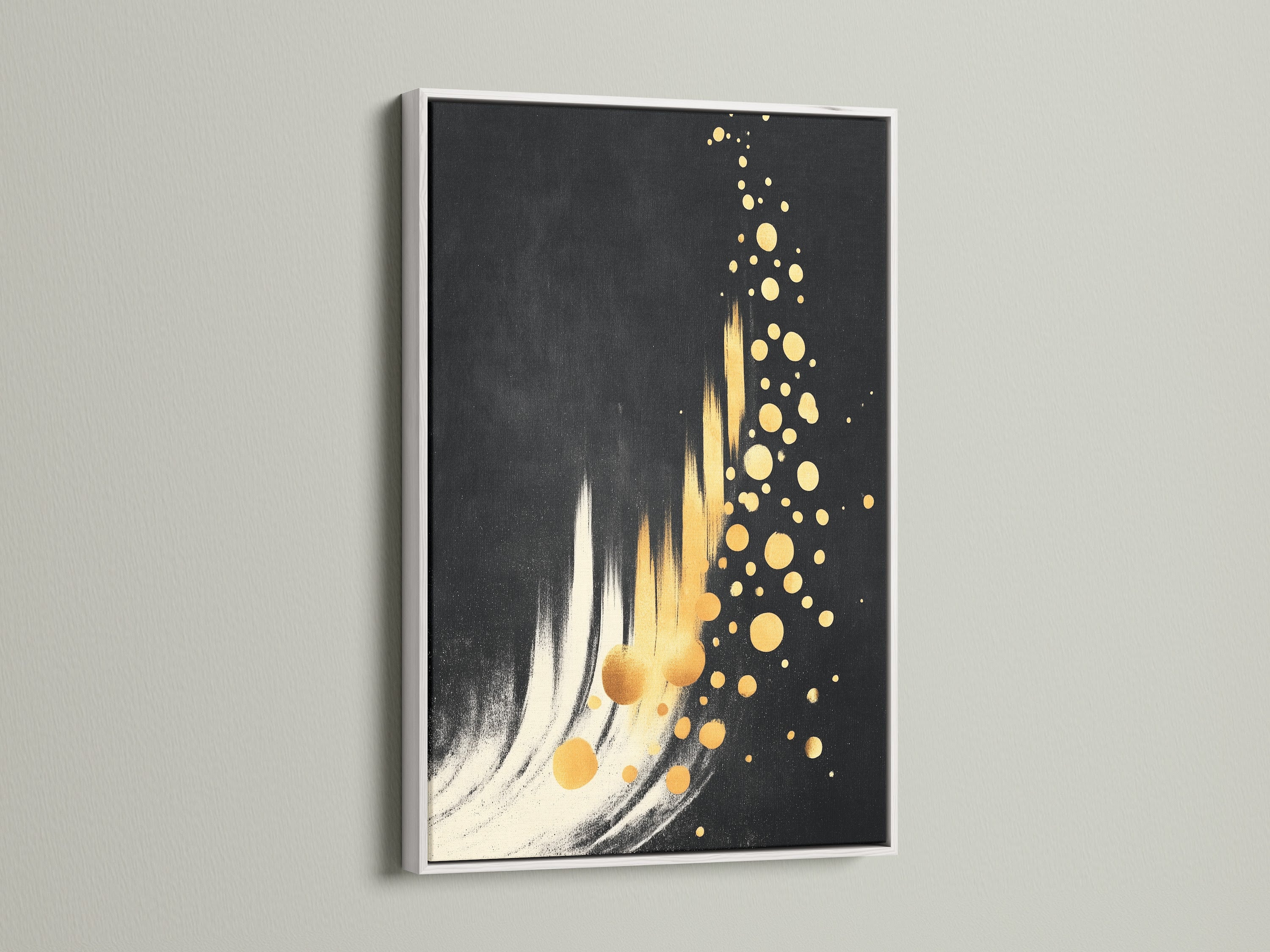 This modern canvas art features a white frame. It highlights the black and gold decor. This artwork is ideal for a Scandinavian or minimalist style. The white frame offers a clean contemporary look. It is perfect for living rooms and offices.