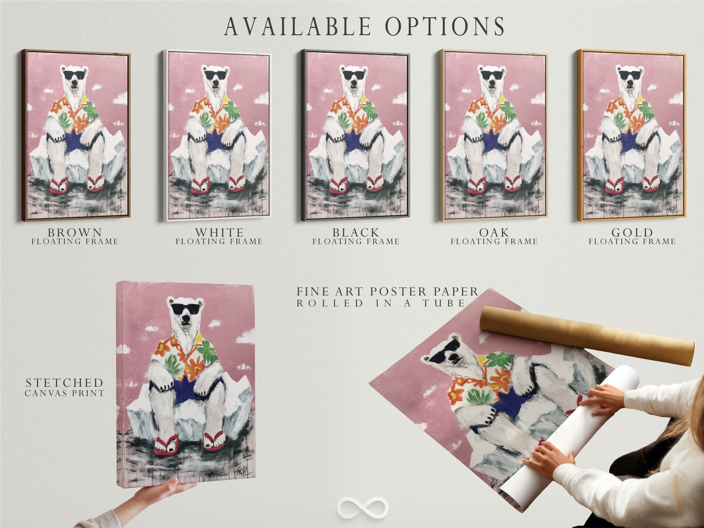 Available options for cool polar bear artwork. Choose from stretched canvas print fine art poster paper or floating frame. Funny animal print for any style. Tropical vibes for your home.