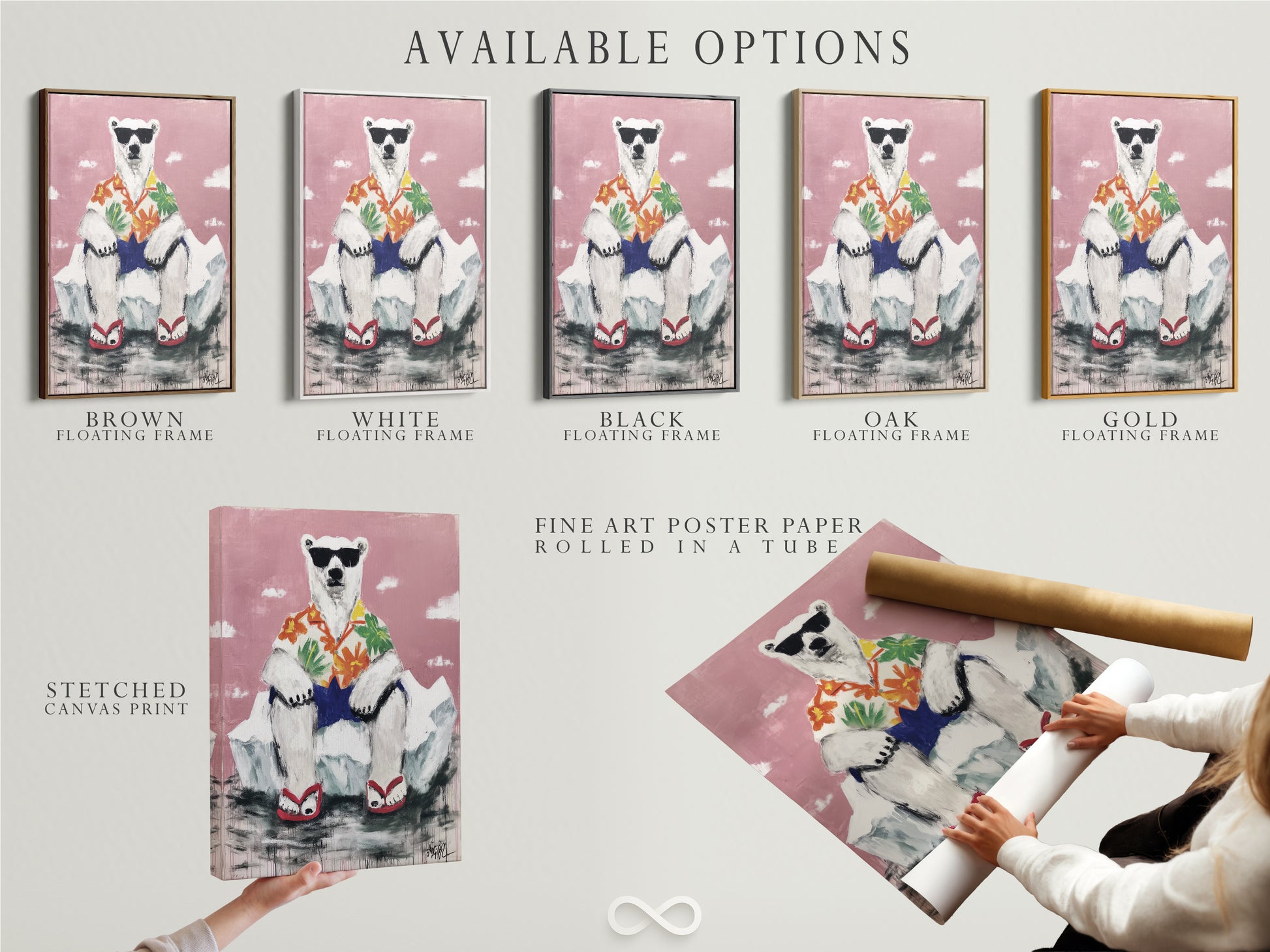 Available options for cool polar bear artwork. Choose from stretched canvas print fine art poster paper or floating frame. Funny animal print for any style. Tropical vibes for your home.