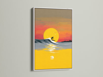 Bring the serenity of the ocean into your home. This Surfing Canvas Print features a sunset wave. The artwork is framed in a clean white frame. This coastal wall art adds a touch of summer to any room. The artwork is suitable for modern and minimalist styles.