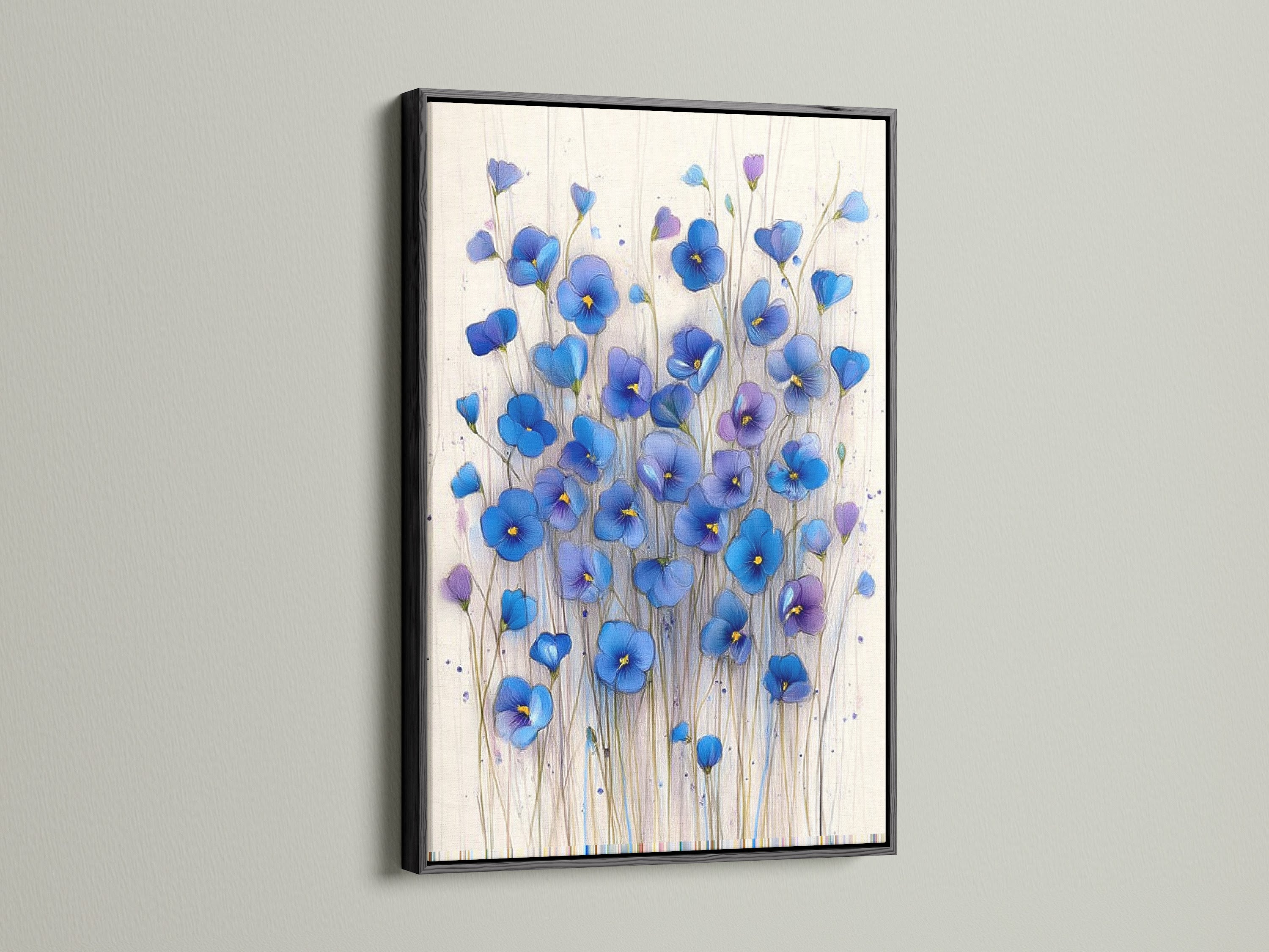 The black frame highlights the beauty of this blue flower print. See how this botanical art elevates your bedroom wall decor. This modern floral art is a perfect addition to any home. Shop now for teal wall decor.