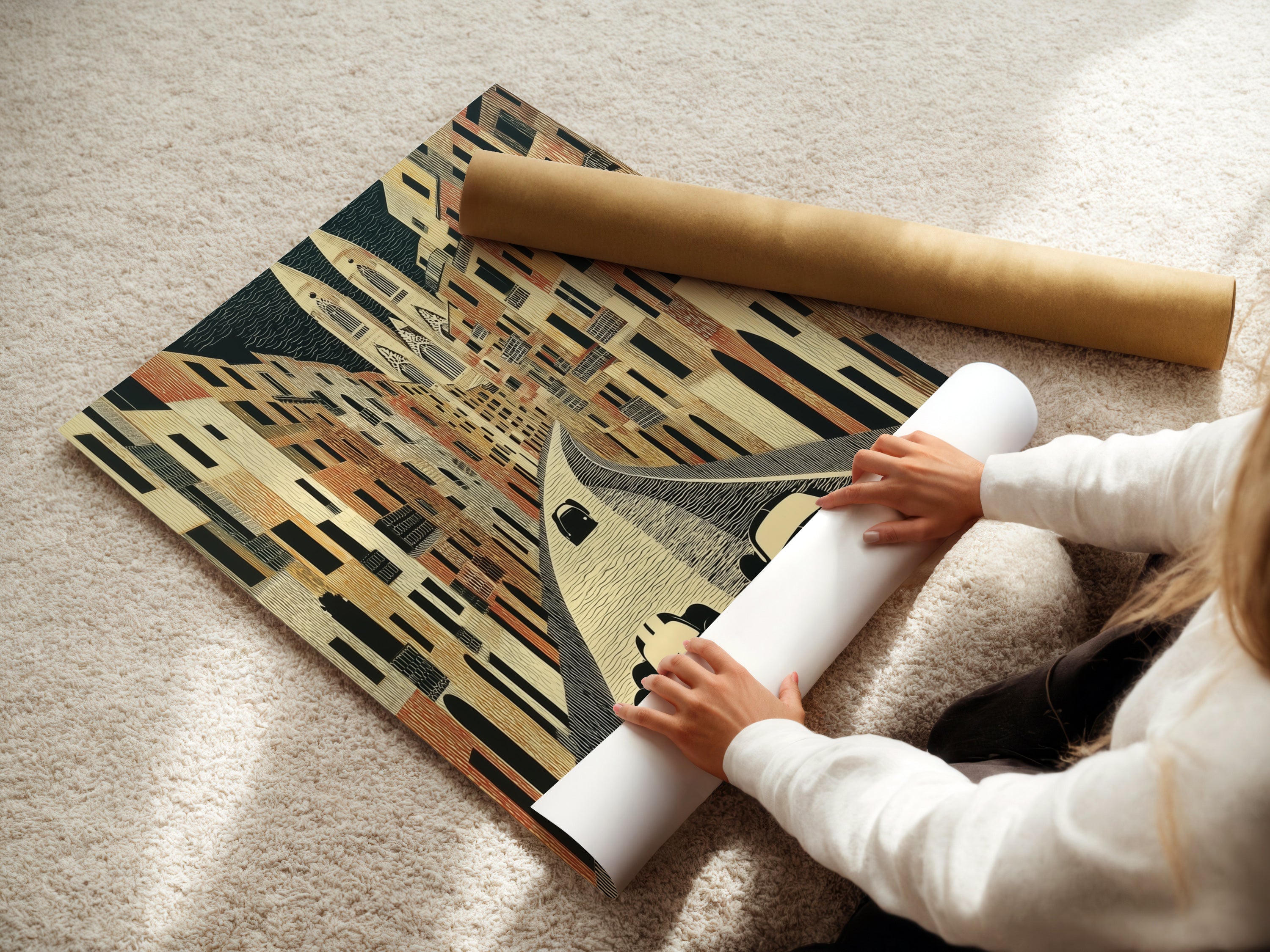 A woman carefully rolling a fine art poster paper print. The print features a vintage car in a European street. High-quality material ensures lasting beauty. Ideal for framing or displaying as is. Perfect for classic automobile art enthusiasts.