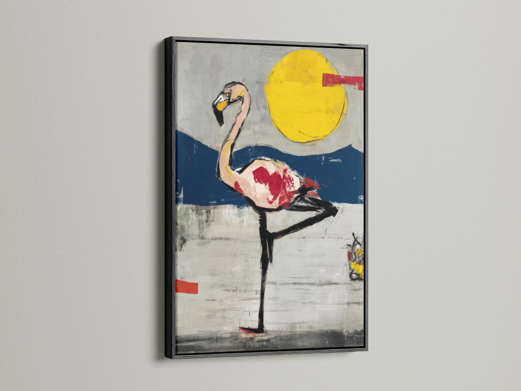 A black frame accentuates this flamingo abstract art print. The contrast enhances the modern canvas art. This wildlife wall art adds a bold touch to any room. Explore how this artwork transforms your space.