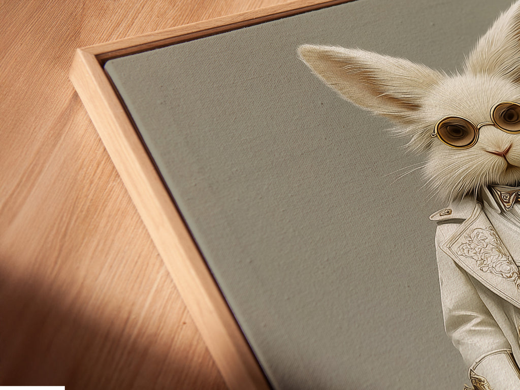 A close-up angled view reveals a canvas print in a floating frame. The floating frame gives the artwork a modern look. The Steampunk Rabbit artwork appears to float on the wall. This style is perfect for contemporary interiors. It adds a gallery-like feel to your space.