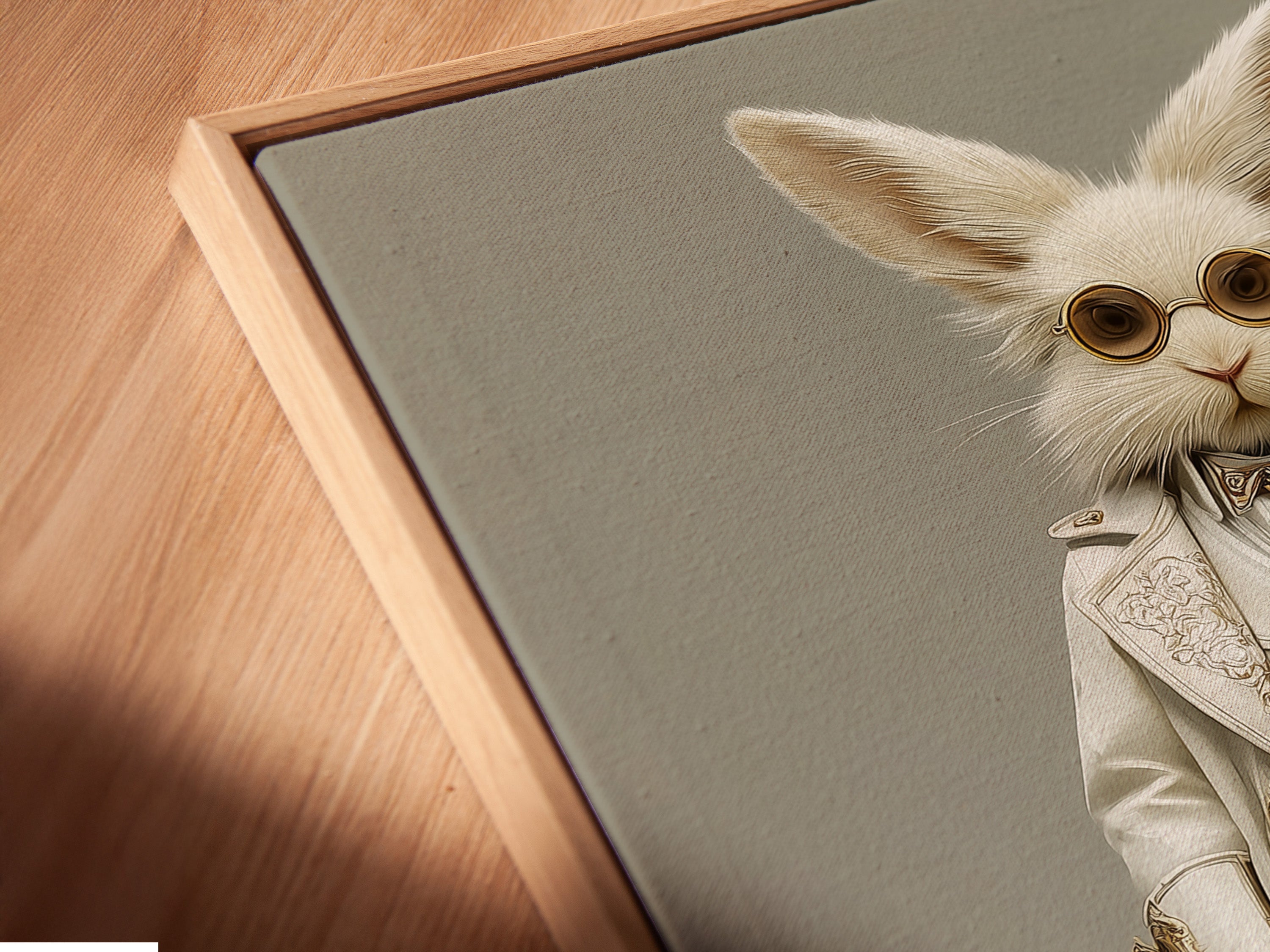 A close-up angled view reveals a canvas print in a floating frame. The floating frame gives the artwork a modern look. The Steampunk Rabbit artwork appears to float on the wall. This style is perfect for contemporary interiors. It adds a gallery-like feel to your space.