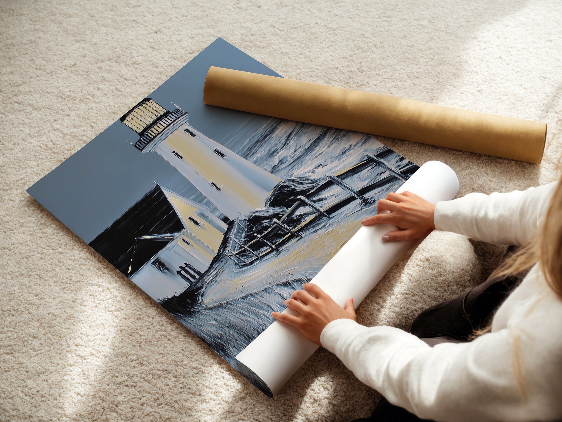 Woman rolling a fine art poster paper featuring a lighthouse artwork. This nautical seascape is perfect for any space. The fine art poster paper ensures high quality. It is easy to handle and frame.