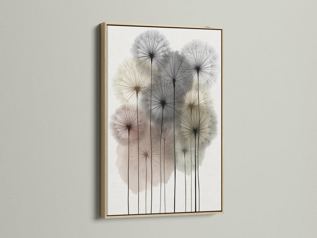 Dandelion artwork in an oak frame. A modern floral poster that brings nature indoors. Ideal bedroom wall decor with a neutral botanical print. This minimalist art complements contemporary spaces. It is perfect for scandi decor and plant print lovers.