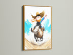 Boy Riding Horse Artwork inside a gold frame. The gold frame adds a touch of elegance. It enhances the artwork's whimsical charm. This artwork is perfect for adding a sophisticated touch to a kids' room or playroom.
