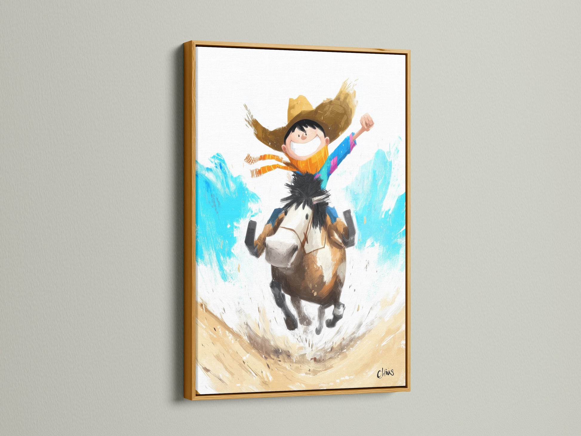 Boy Riding Horse Artwork inside a gold frame. The gold frame adds a touch of elegance. It enhances the artwork's whimsical charm. This artwork is perfect for adding a sophisticated touch to a kids' room or playroom.