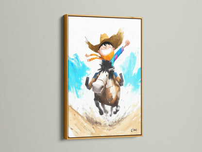 Boy Riding Horse Artwork inside a gold frame. The gold frame adds a touch of elegance. It enhances the artwork's whimsical charm. This artwork is perfect for adding a sophisticated touch to a kids' room or playroom.