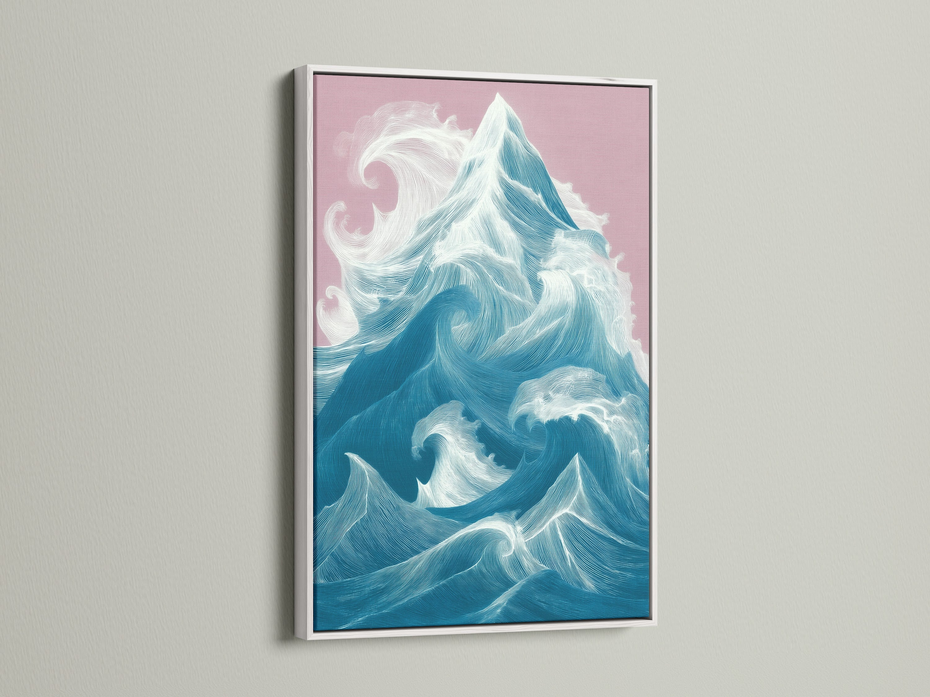 Ocean Wave art in a White frame. Modern seascape artwork for bedroom decor. The white frame enhances the artwork's teal and white tones. Perfect for bathroom wall art or powder room decor.