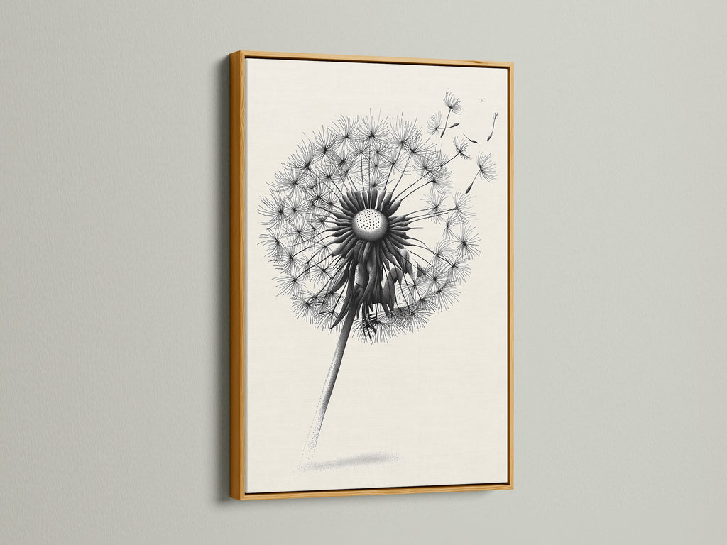 The image showcases a dandelion artwork in a gold frame. The gold frame adds a touch of luxury and elegance. The frame elevates the artwork. The gold frame creates a glamorous display. It is ideal for adding a sophisticated touch to your home decor. The gold frame makes a statement.