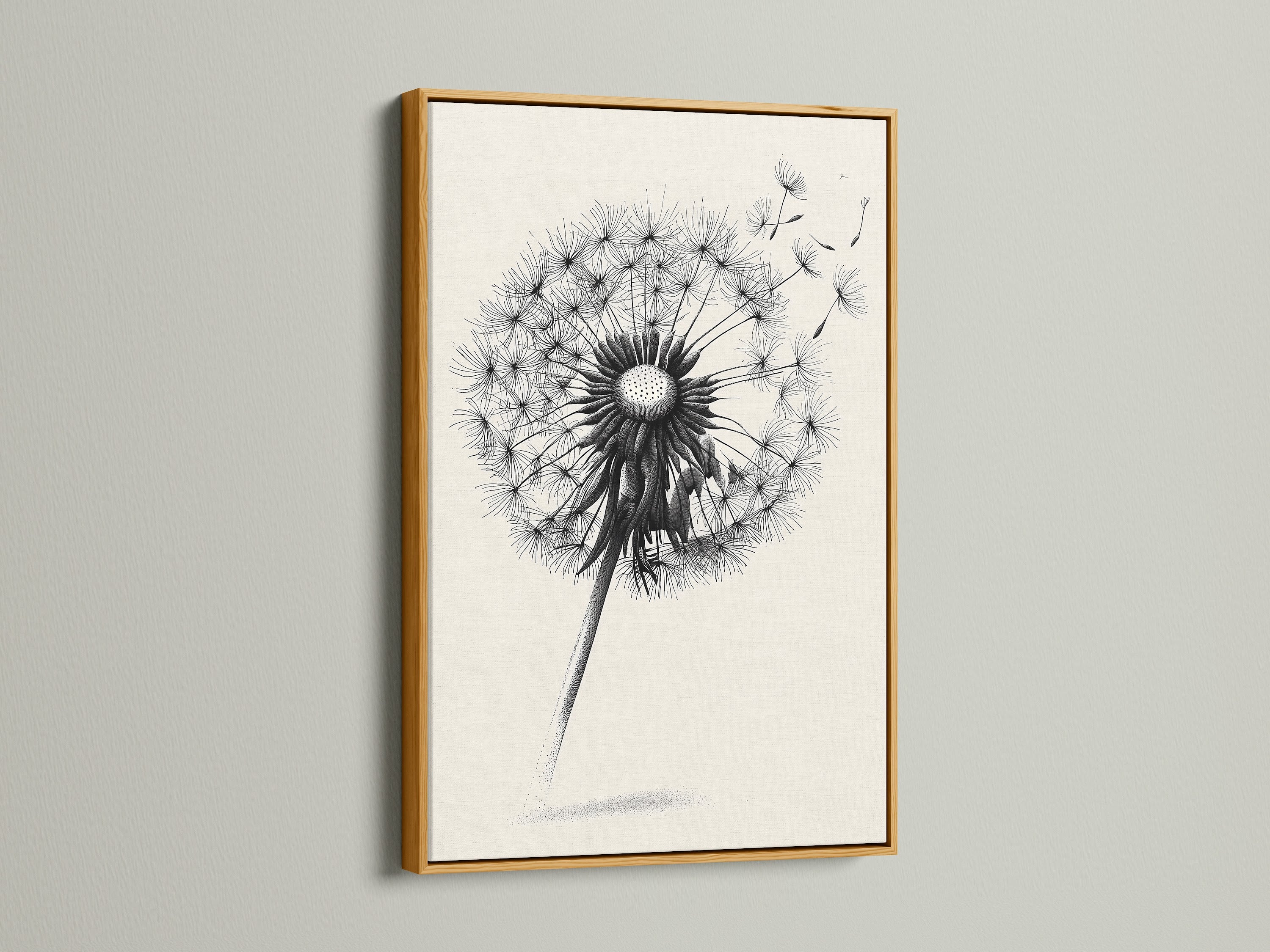 The image showcases a dandelion artwork in a gold frame. The gold frame adds a touch of luxury and elegance. The frame elevates the artwork. The gold frame creates a glamorous display. It is ideal for adding a sophisticated touch to your home decor. The gold frame makes a statement.