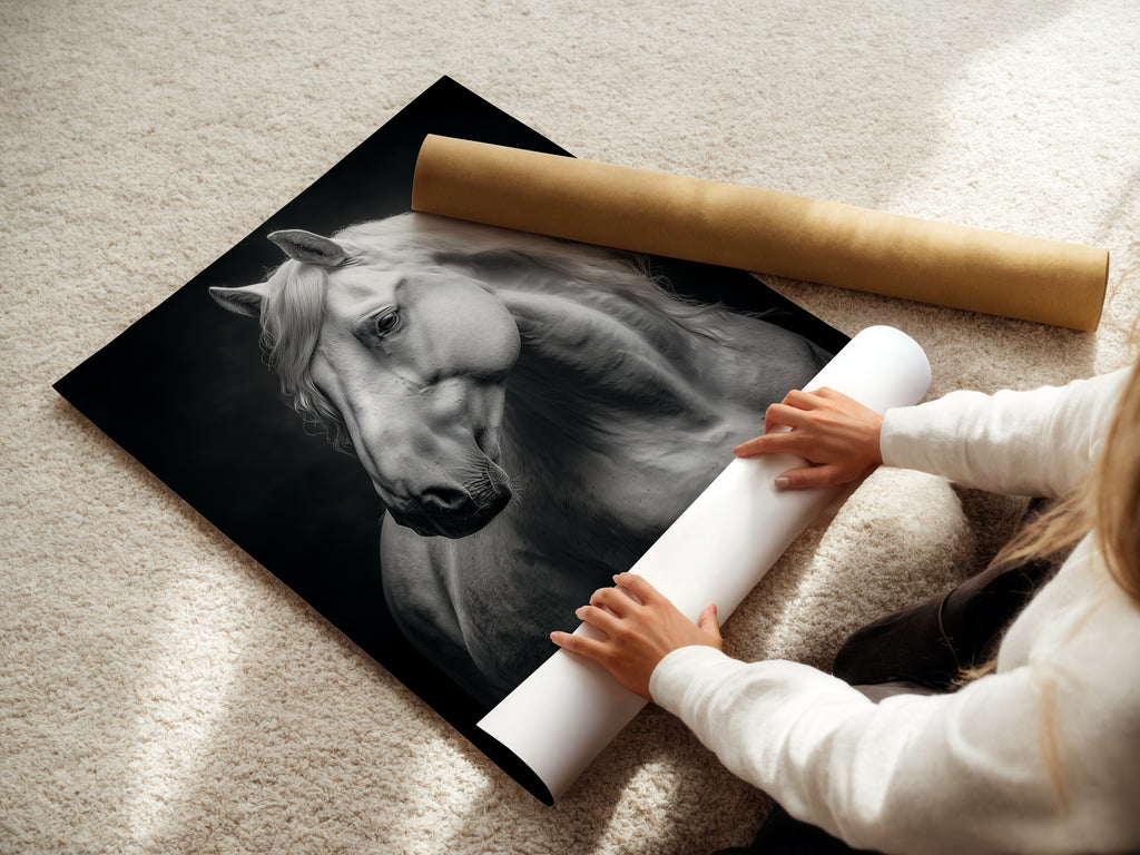 A woman carefully rolls a fine art poster paper featuring a white horse. This black and white animal photography is ready for framing. Ideal for equestrian decor or as a horse lover gift. The fine art print captures the beauty of equine art. Perfect for creating stunning wall art.