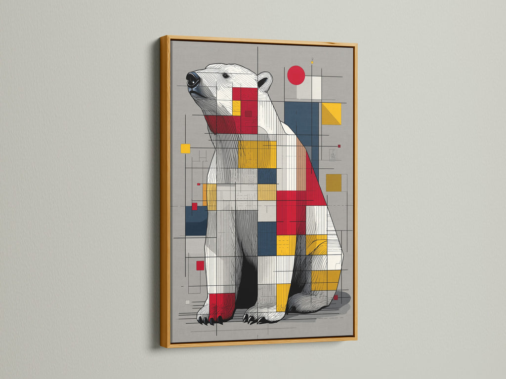 Artwork with a gold frame. The artwork is of a polar bear. The polar bear art is made up of squares and lines. Ready to hang in any room. A great piece of art for your home or office. The gold frame adds a touch of elegance and luxury.