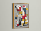 Artwork with a gold frame. The artwork is of a polar bear. The polar bear art is made up of squares and lines. Ready to hang in any room. A great piece of art for your home or office. The gold frame adds a touch of elegance and luxury.