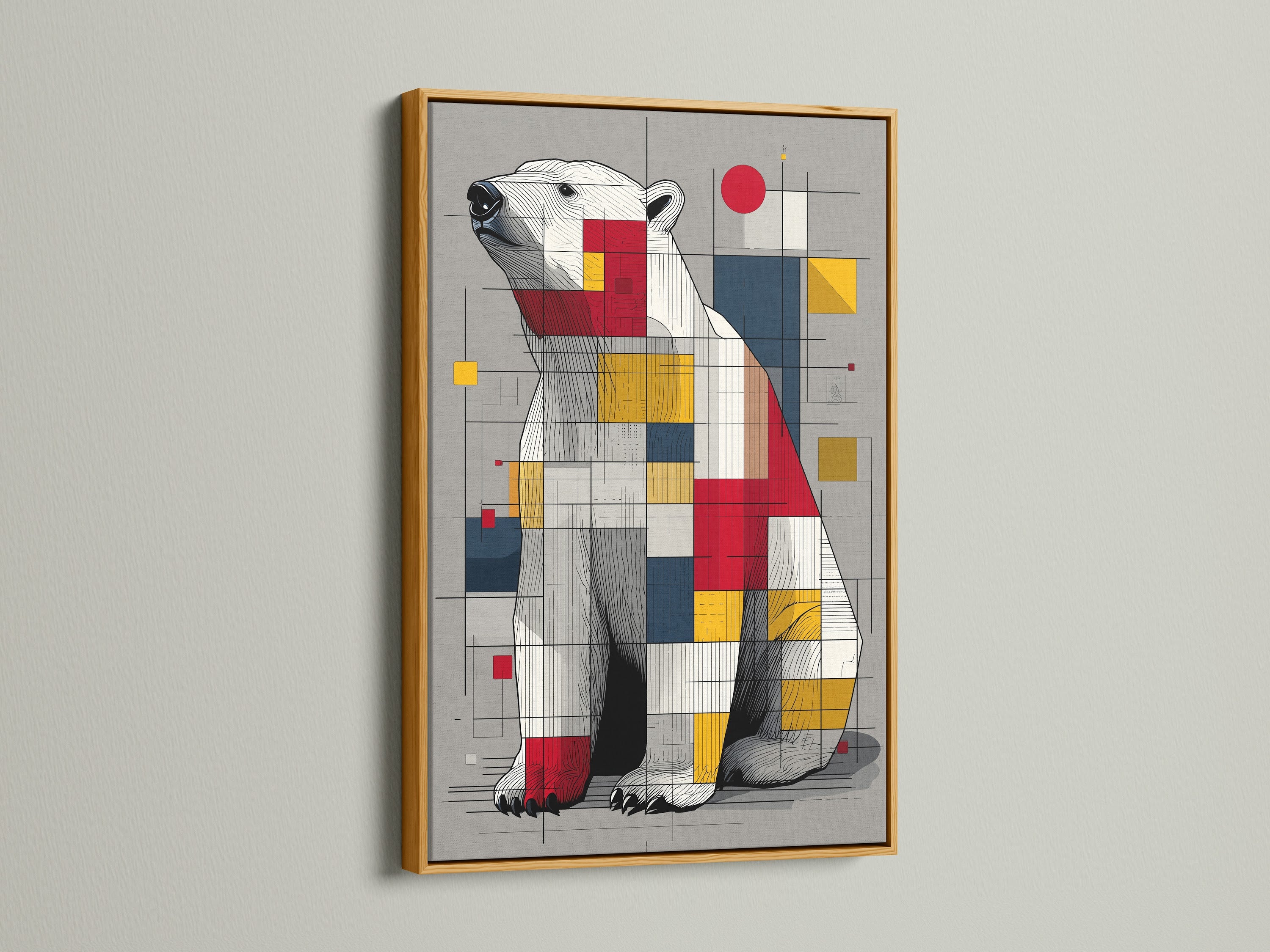 Artwork with a gold frame. The artwork is of a polar bear. The polar bear art is made up of squares and lines. Ready to hang in any room. A great piece of art for your home or office. The gold frame adds a touch of elegance and luxury.