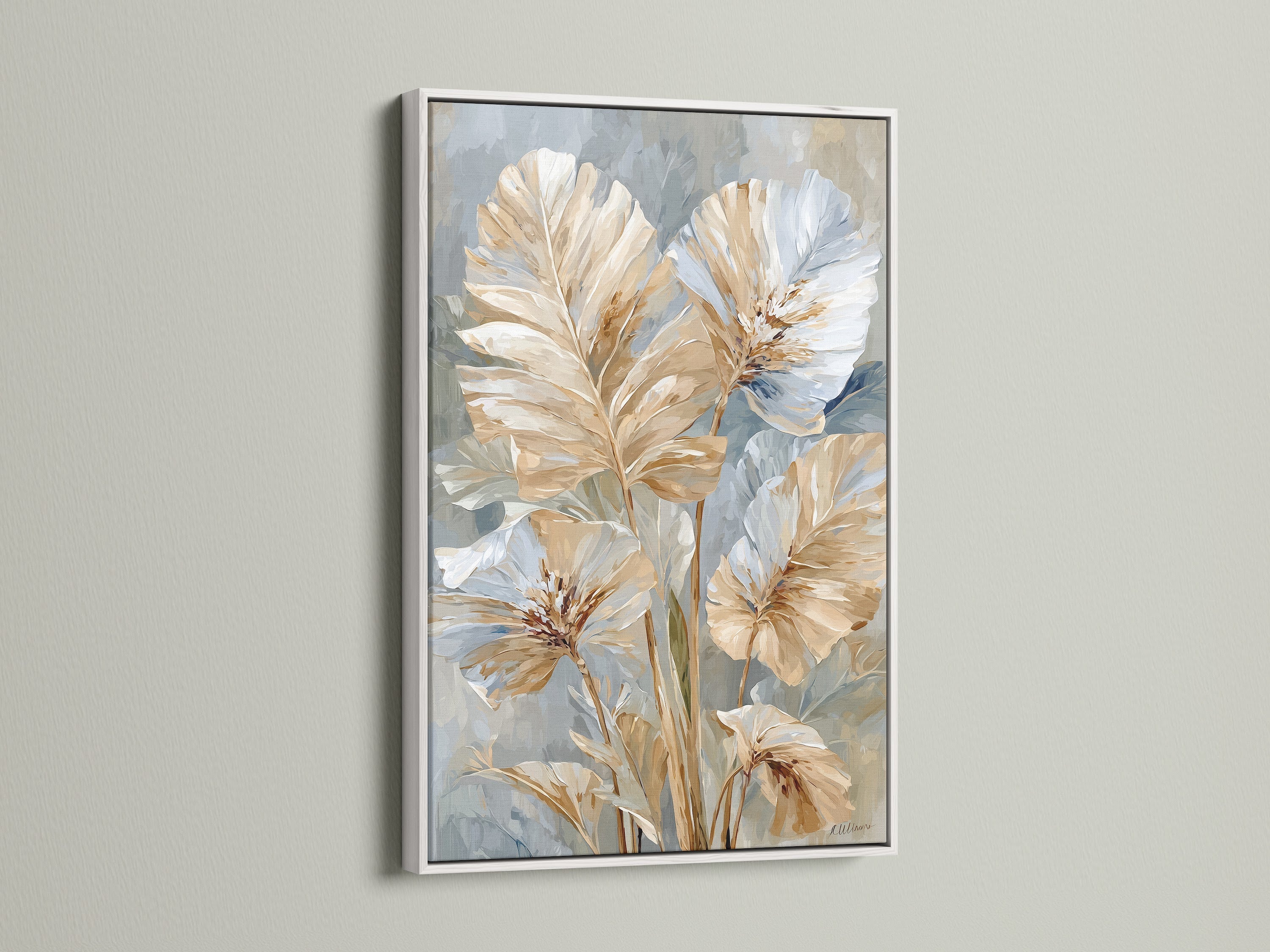 Beige and blue neutral floral art in a white frame. The artwork is a soft floral print. It would look great in minimalist Scandinavian or contemporary spaces. This art is perfect for homeowners renters interior stylists and business owners.