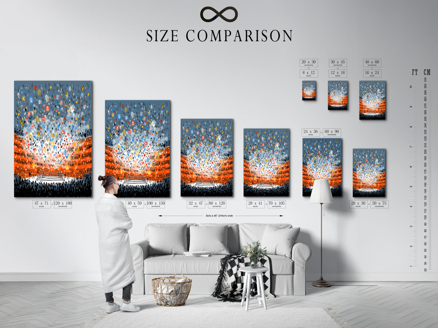 A size comparison chart showing the boxing art in various interior settings. Visualize how this fight night canvas print fits in your space. Perfect for planning your man cave decor or sports bar artwork.  Find the ideal size for your sports arena art.