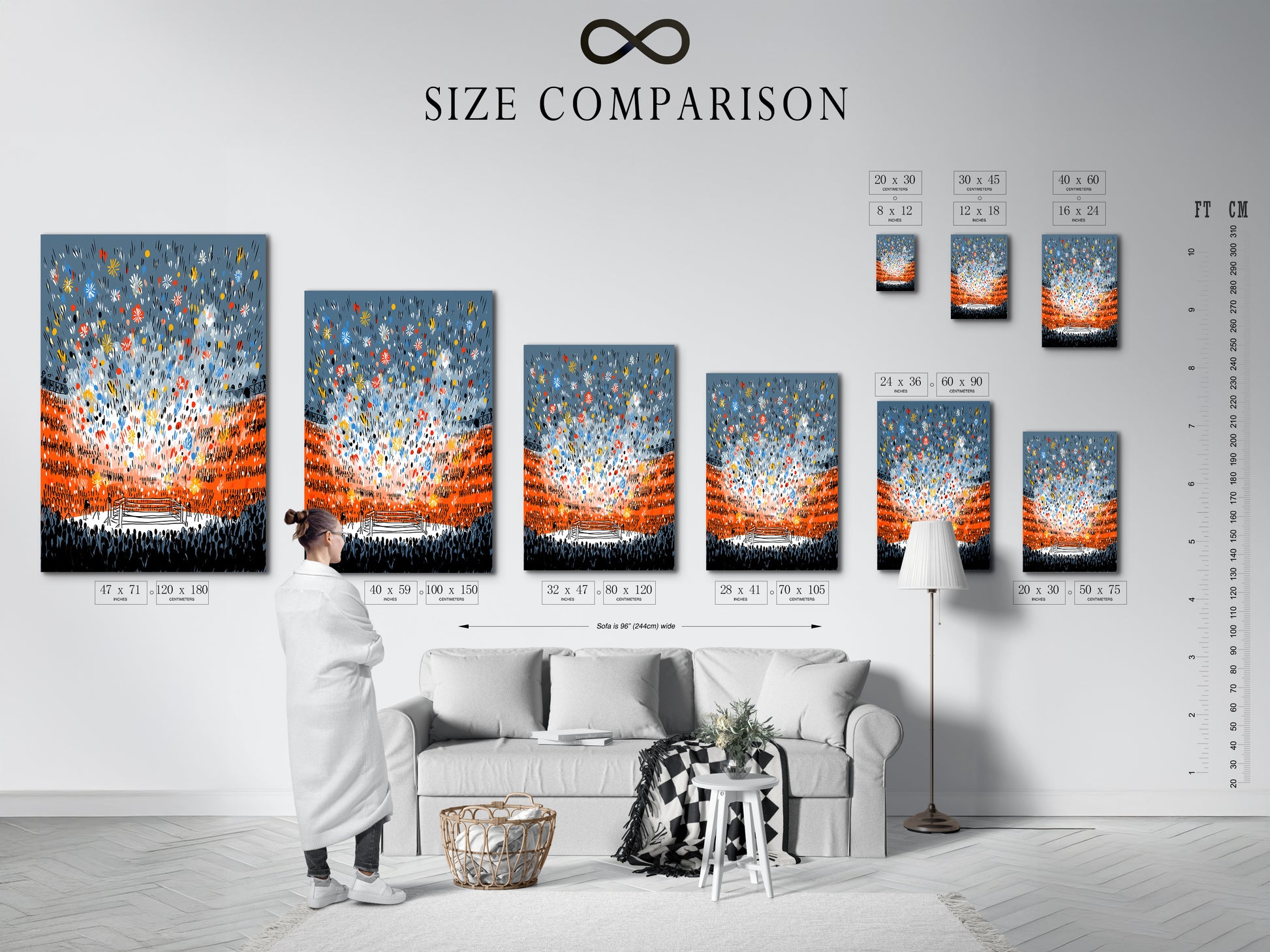 A size comparison chart showing the boxing art in various interior settings. Visualize how this fight night canvas print fits in your space. Perfect for planning your man cave decor or sports bar artwork.  Find the ideal size for your sports arena art.