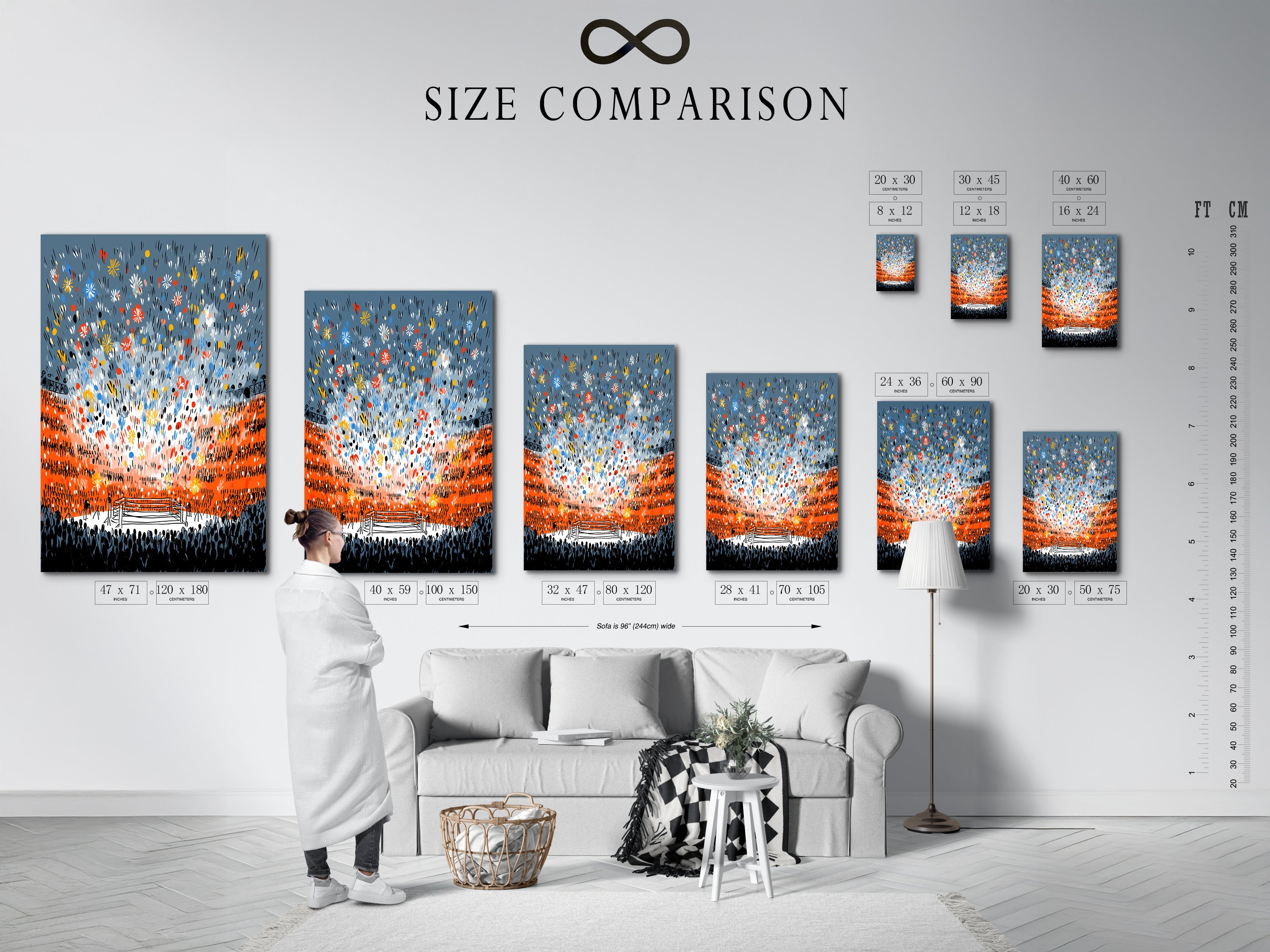 A size comparison chart showing the boxing art in various interior settings. Visualize how this fight night canvas print fits in your space. Perfect for planning your man cave decor or sports bar artwork.  Find the ideal size for your sports arena art.