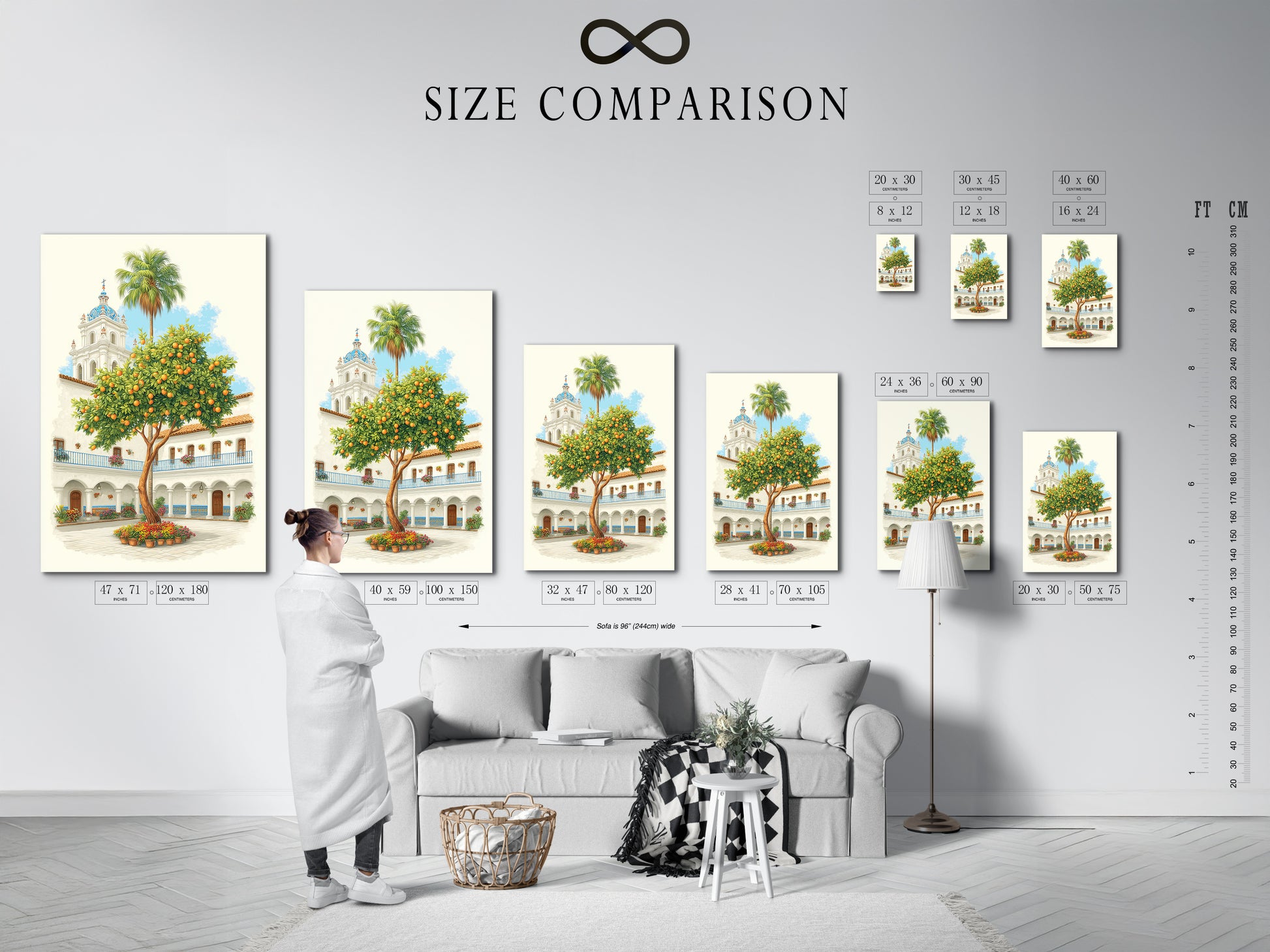 A size comparison chart in an interior setting featuring the Spanish Courtyard artwork. The chart helps visualize how different sizes of the print will look in your home. Artwork includes a white building with a blue dome and an orange tree. Find the perfect fit for your wall.