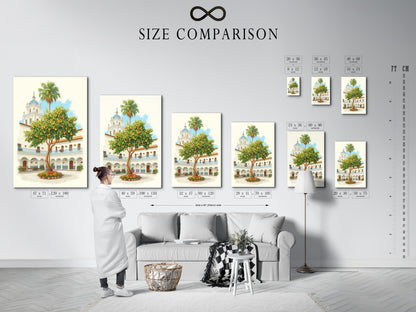 A size comparison chart in an interior setting featuring the Spanish Courtyard artwork. The chart helps visualize how different sizes of the print will look in your home. Artwork includes a white building with a blue dome and an orange tree. Find the perfect fit for your wall.