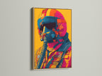 Artwork in an oak frame hangs on a white wall. The art features a pilot with a helmet and mask. The colors are vibrant. The oak frame gives a natural and warm touch to the piece.