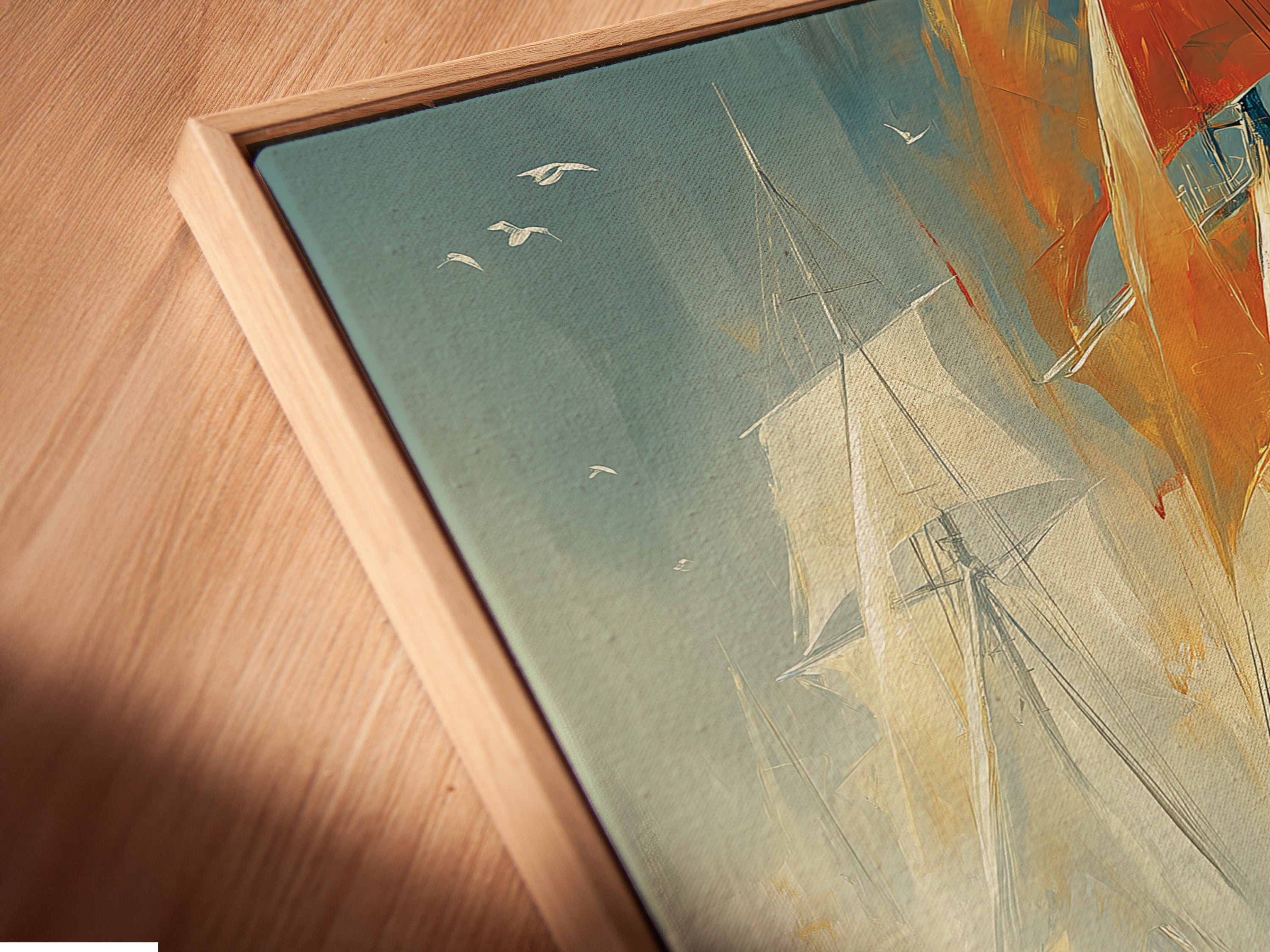 Angled close up of a nautical sailing art print in a floating frame. This vintage maritime wall art features a captain and sailboat. This canvas is perfect for study room decor. The floating frame adds a modern touch to this classic artwork.