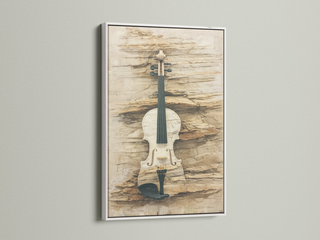 A white frame enhances this vintage violin artwork. The neutral tones bring out the musical instrument's detail. This fine art print is great for music room decor. Add classical charm to any space.