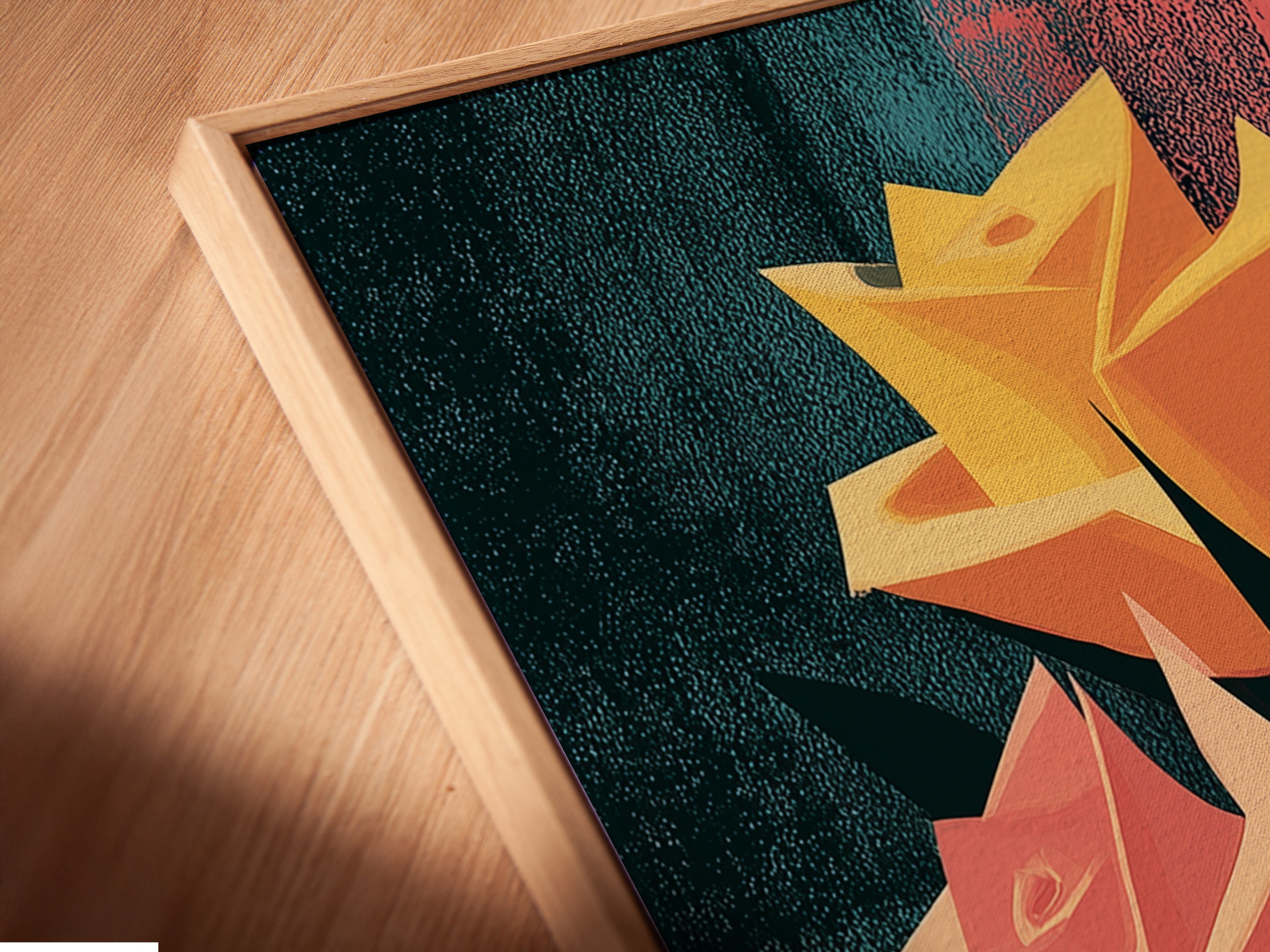 A close-up shows a canvas print in a floating frame. The floral rose artwork is abstract and botanical. It adds a modern touch to wall decor. Homeowners and renters will love this refined art.