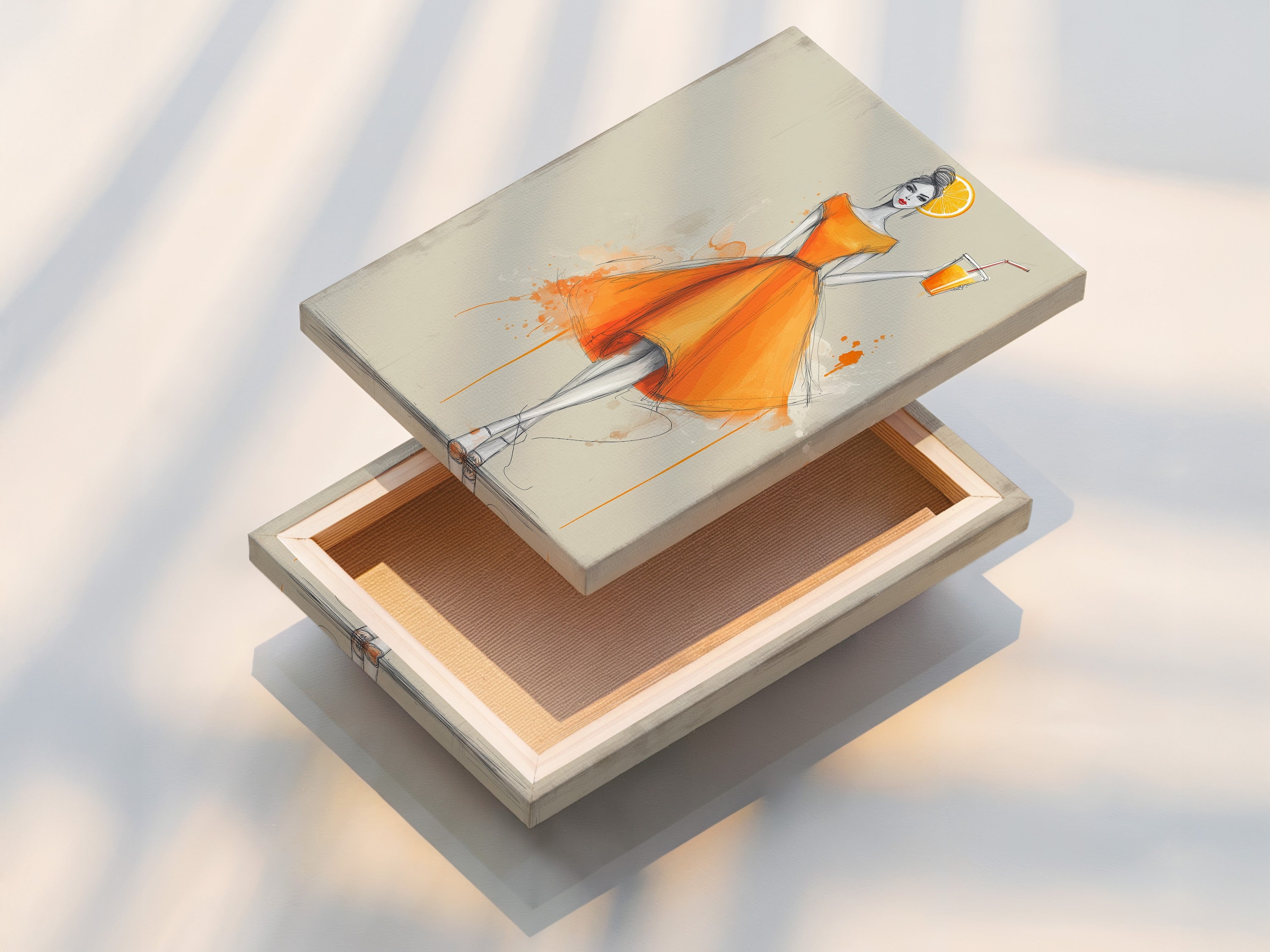 A stretched canvas print of a fashion illustration. The artwork features a chic woman in an orange dress. This stretched canvas is ready to hang. It is a stylish addition to any room's wall decor.