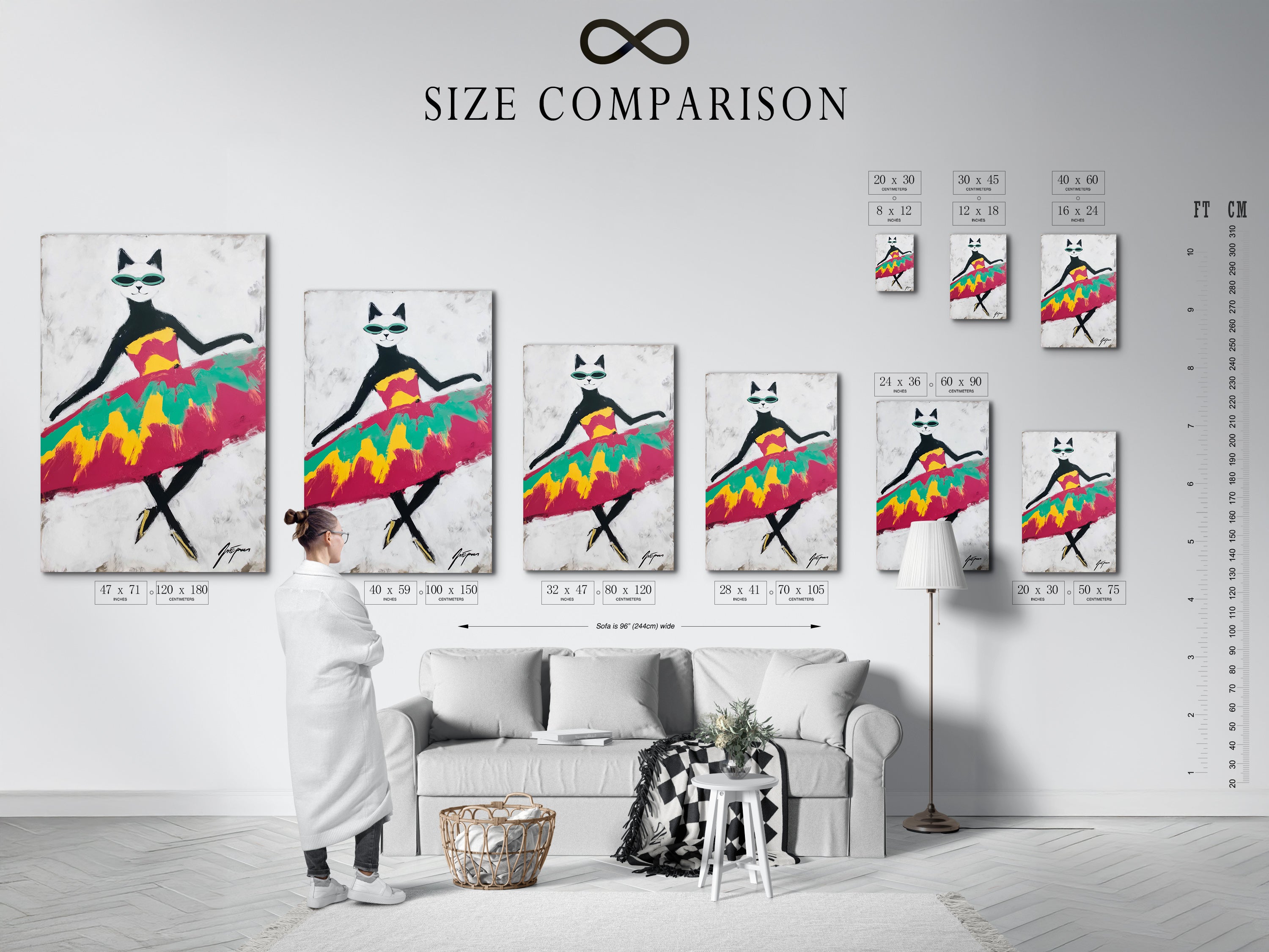 A size comparison chart is displayed in an interior setting. See how the Cool Cat Art Print fits your space. Choose the perfect size for your retro animal art. The colorful cat print will transform your room. Find the ideal dimensions today.