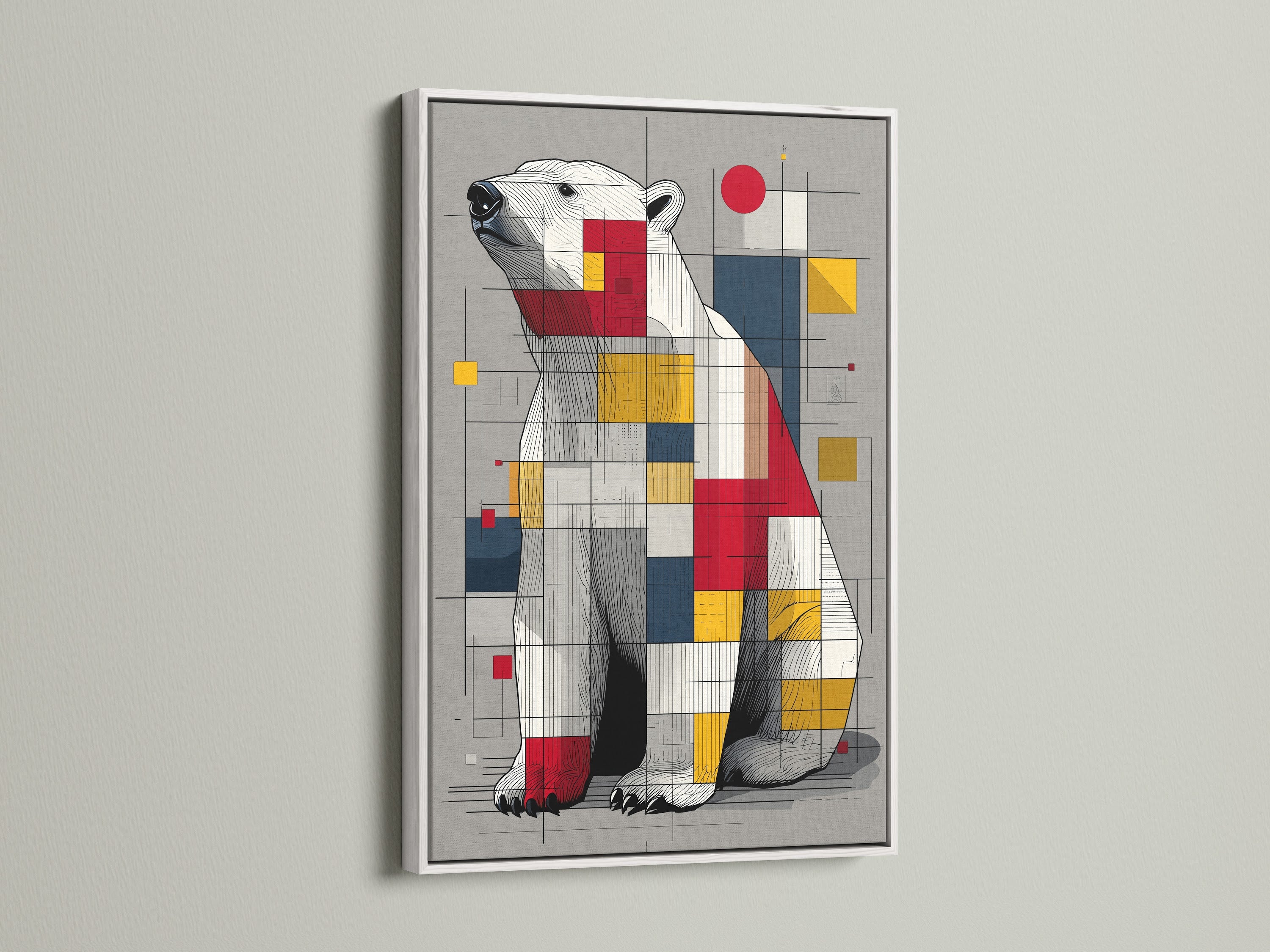 Artwork with a white frame. The artwork is of a polar bear. The polar bear art is made up of squares and lines. Ready to hang in any room. A great piece of art for your home or office. The white frame provides a clean and modern look.