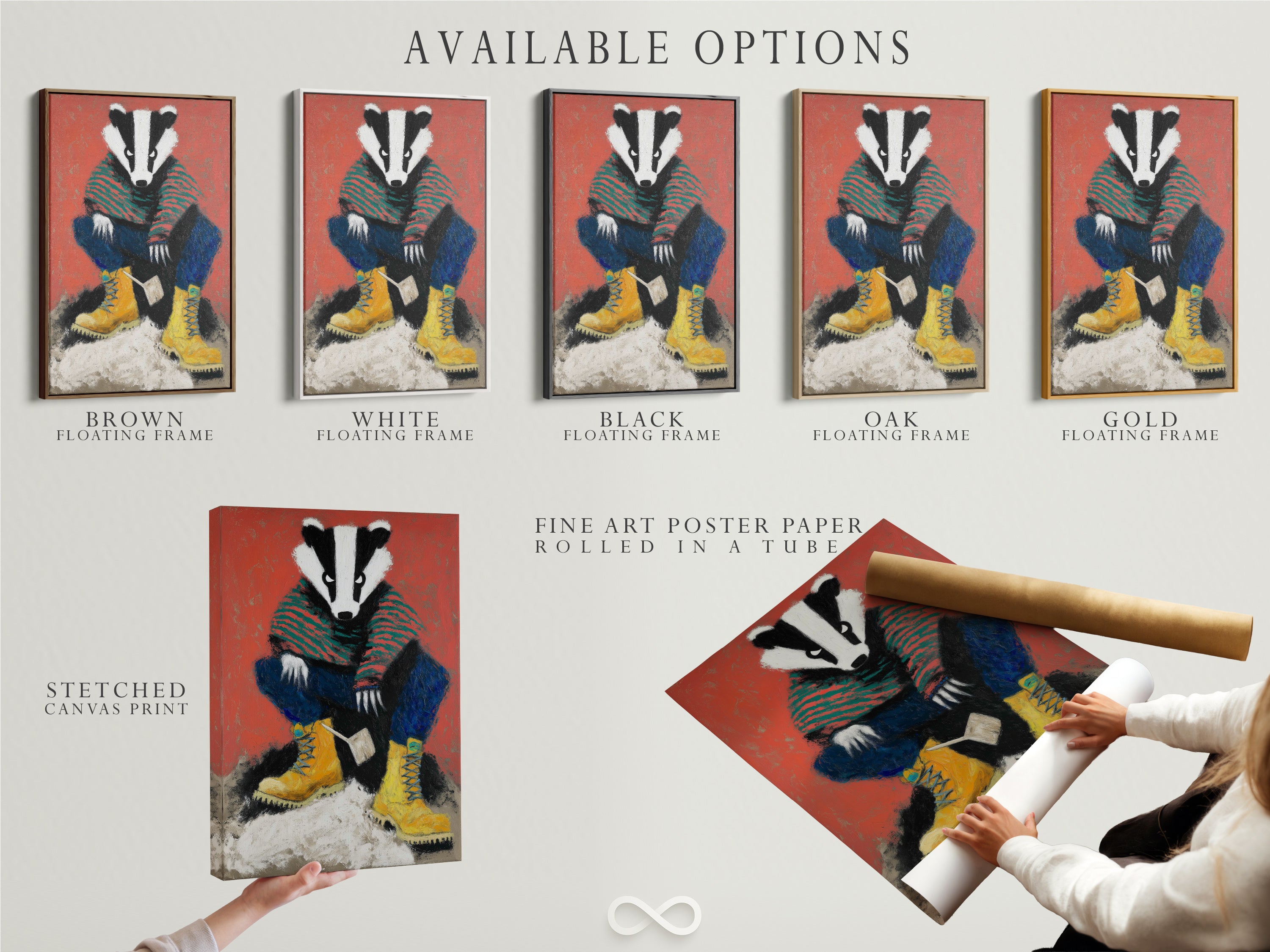 Explore the available options for the badger artwork print. Options include a stretched canvas print fine art poster paper and floating frame. Choose the perfect format to match your style. This whimsical art print is ideal for nursery wall decor and kids room art and animal canvas print.