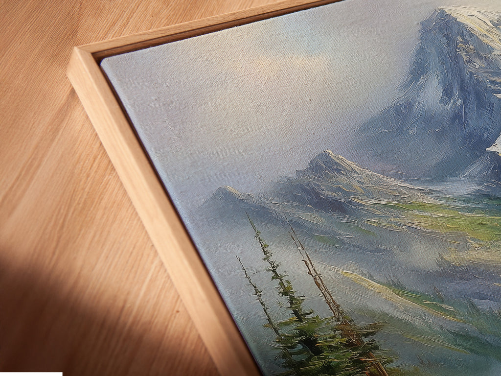 This is a close-up angled view of a canvas print in a floating frame. The floating frame gives the artwork a modern and sophisticated look. It looks like the art is suspended. It will add a unique touch to your wall decor.