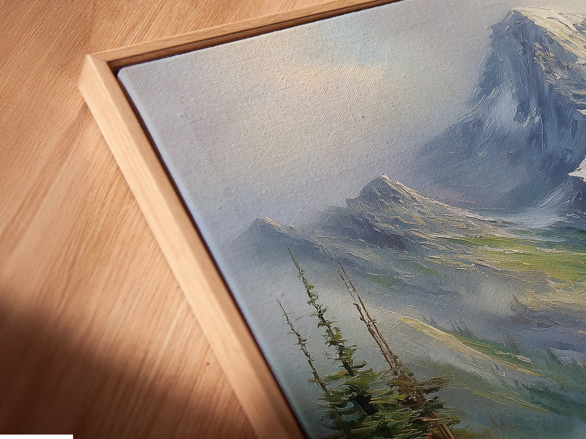 This is a close-up angled view of a canvas print in a floating frame. The floating frame gives the artwork a modern and sophisticated look. It looks like the art is suspended. It will add a unique touch to your wall decor.