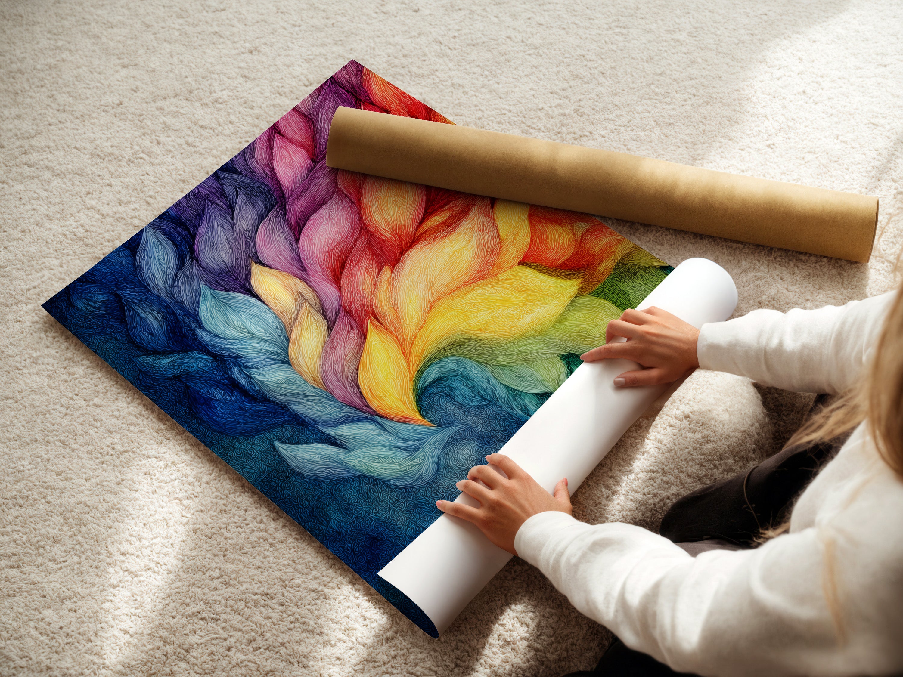 A woman is carefully rolling a fine art poster paper. The paper is high quality. Perfect for art prints. Ensure your artwork stays pristine. Protect your investment with our premium paper. Discover the best materials for your art prints today.