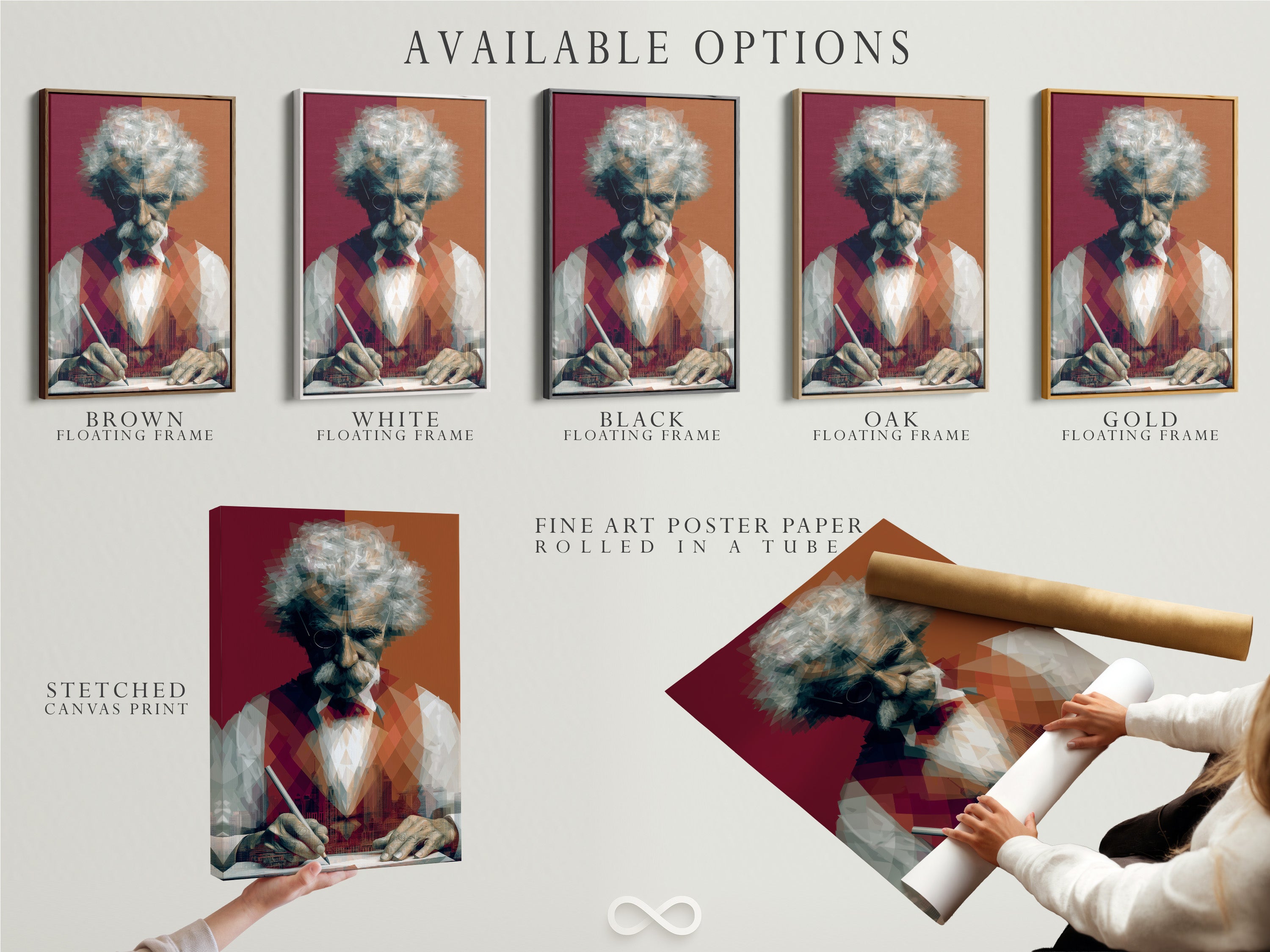 Available options for Mark Twain art are displayed. Options include a stretched canvas print a fine art poster paper and a floating frame. Choose the perfect format for your literary decor needs. Enhance your space with this writer artwork.