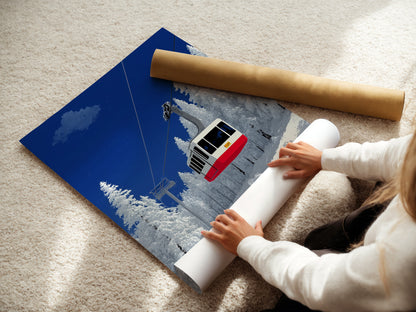 A woman is carefully rolling a fine art poster paper. This paper features a ski lift artwork. The winter mountain wall art is ideal for cabin decor. The alpine cable car print is perfect for a snowy landscape. This poster paper allows for custom framing. It provides a versatile option for art lovers.