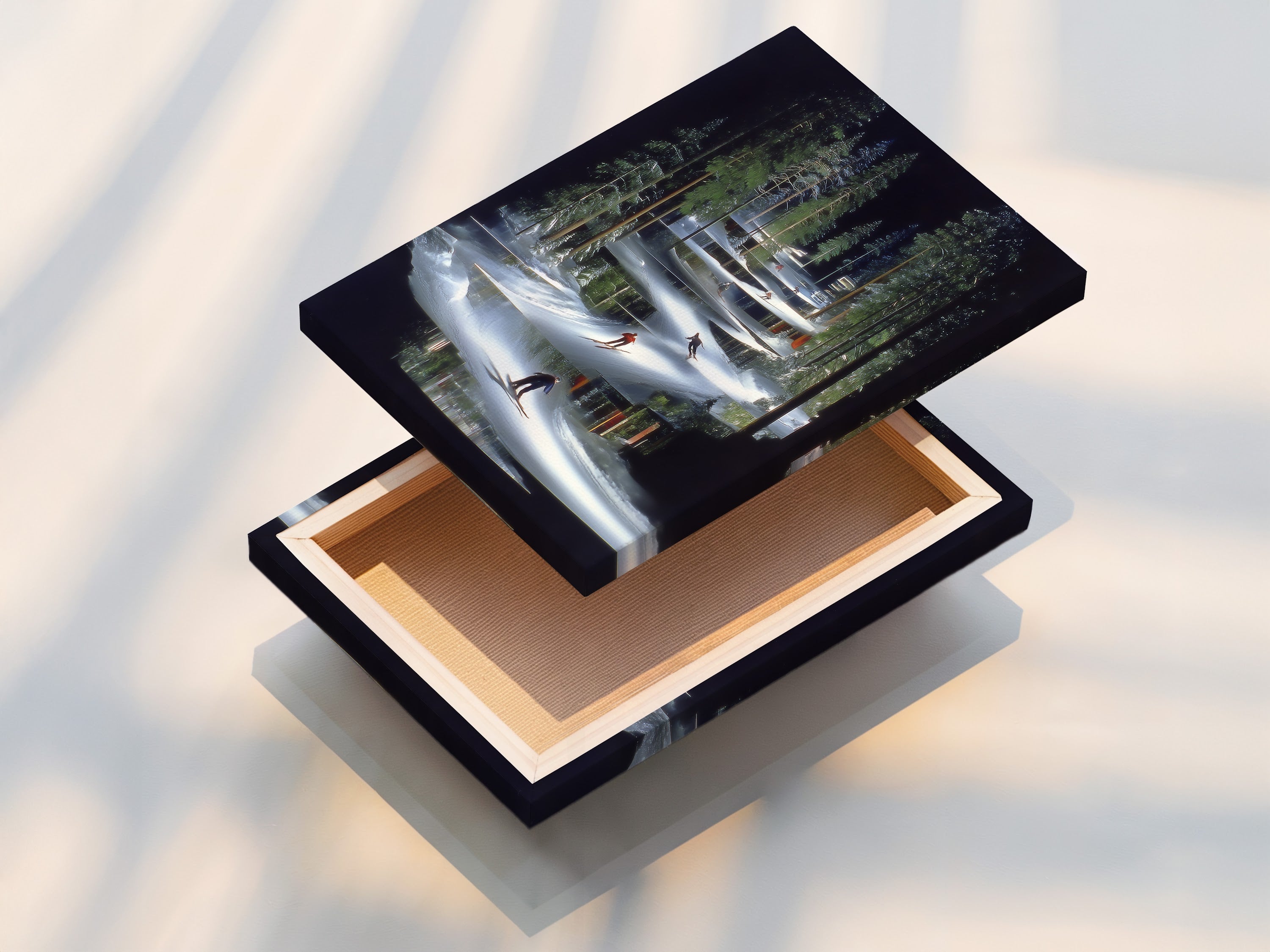 A stretched canvas print of modern ski resort artwork. This alpine forest wall art is ready to hang. Perfect contemporary winter sports decor for a living room. Add a touch of mountain beauty to your home.