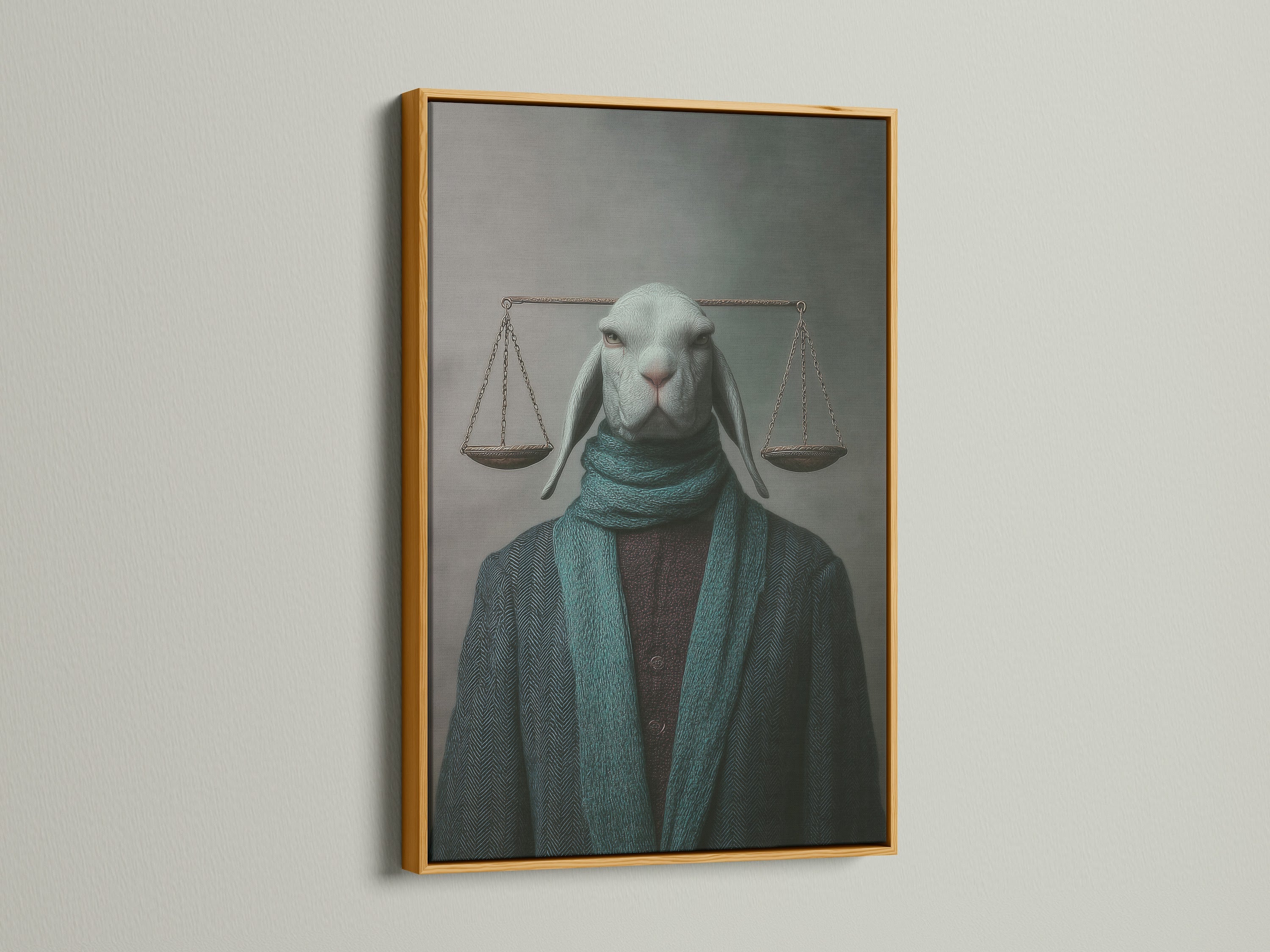 The Justice Rabbit artwork is featured in a gold frame. This adds a touch of elegance to the animal portrait. This surreal legal art is perfect as a lawyer gift. The gold frame complements the courtroom decor.