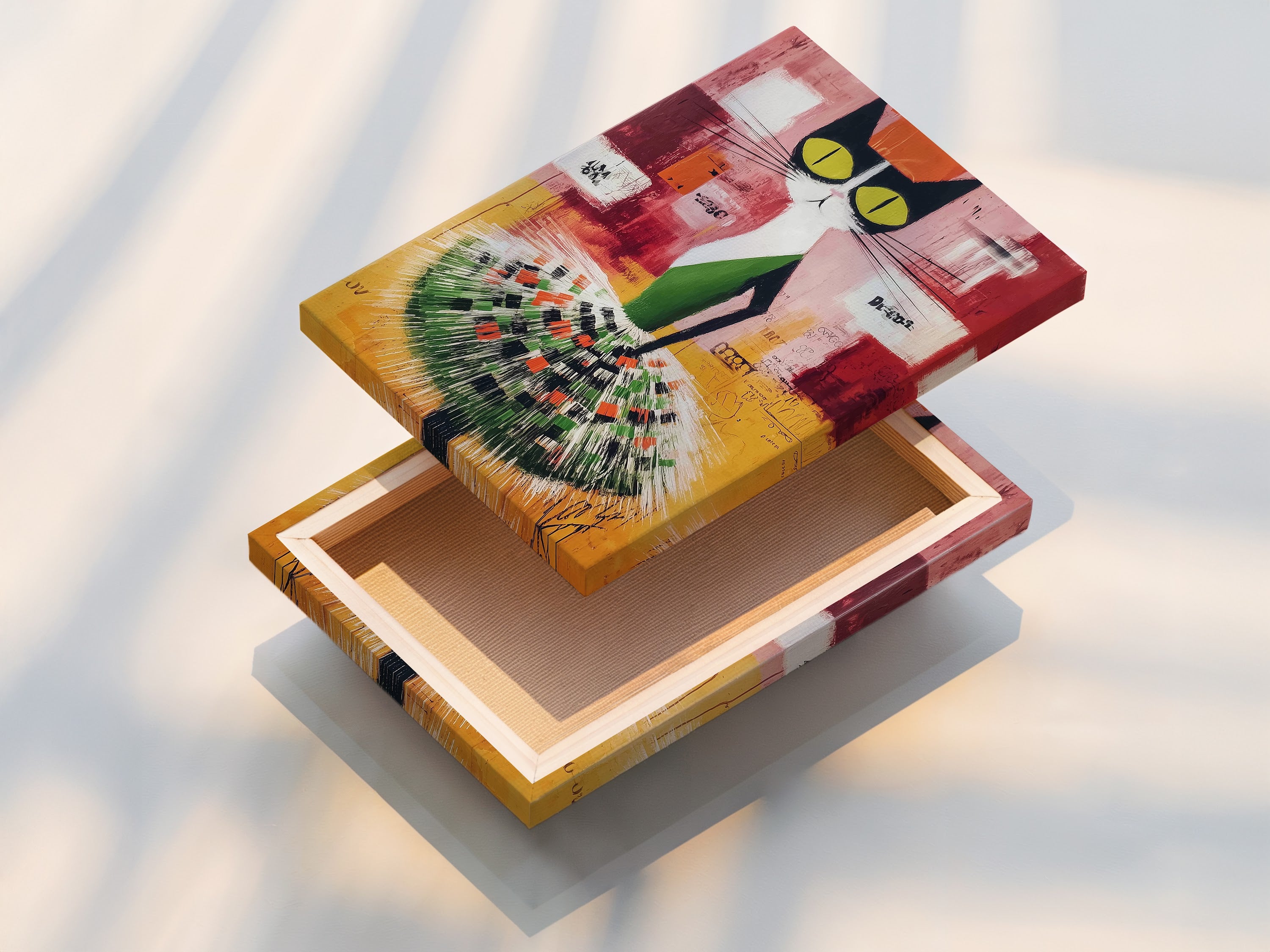 A stretched canvas print displays vibrant Abstract Cat art. The colorful animal poster is ready to hang. This folk art piece adds a modern touch to any space. Perfect for kids' room decor or a playful art piece.