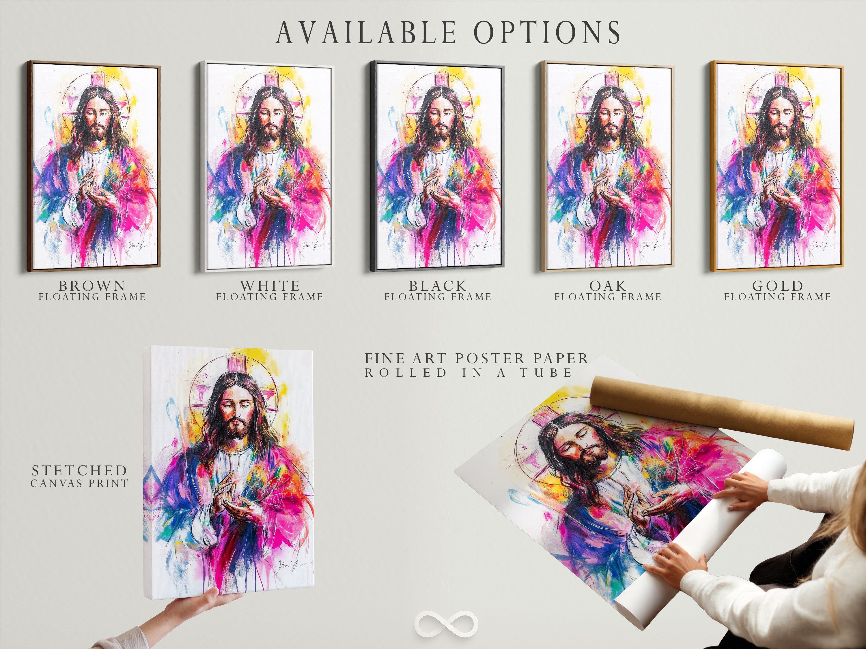 This image showcases available options for art prints. Options include stretched canvas prints fine art poster paper and floating frames. Customize your artwork to match your style. Discover all available options.