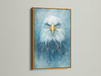The eagle artwork is presented in a luxurious gold frame. The majestic bird features striking blue eyes. This frame enhances the artwork's appeal. Elevate your office or living room with this sophisticated wildlife art piece. It suits contemporary styles.