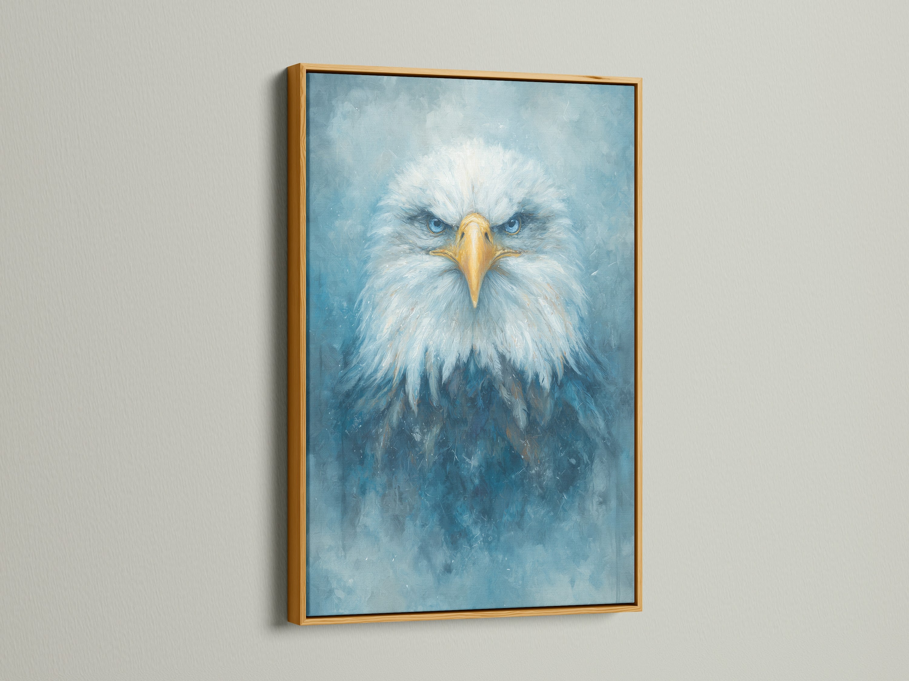 The eagle artwork is presented in a luxurious gold frame. The majestic bird features striking blue eyes. This frame enhances the artwork's appeal. Elevate your office or living room with this sophisticated wildlife art piece. It suits contemporary styles.