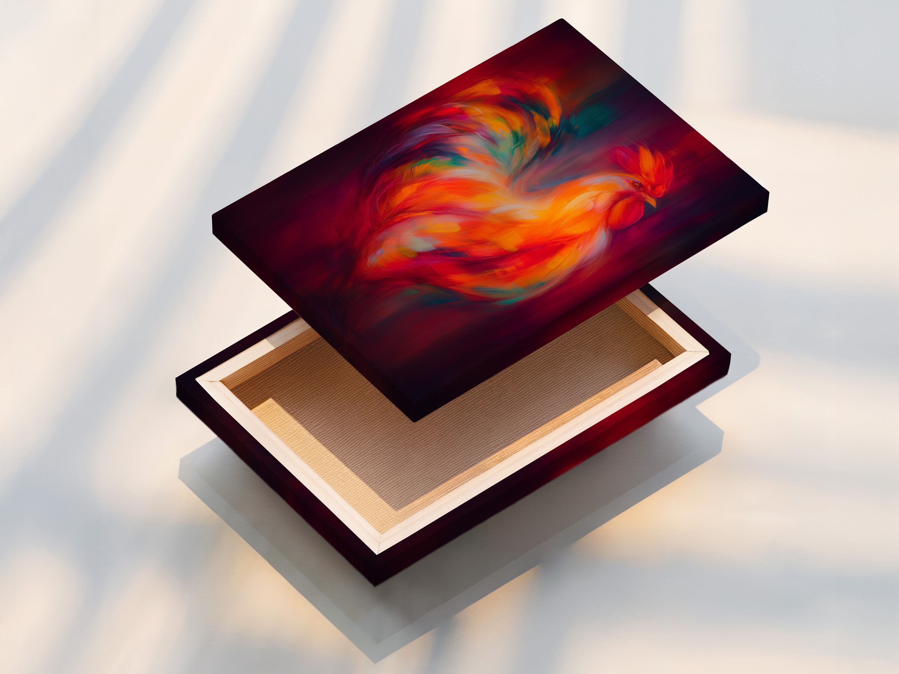 A stretched canvas print of the vibrant rooster artwork. Ready to hang and transform your space with colorful farm animal wall art. Ideal for adding a touch of country charm.