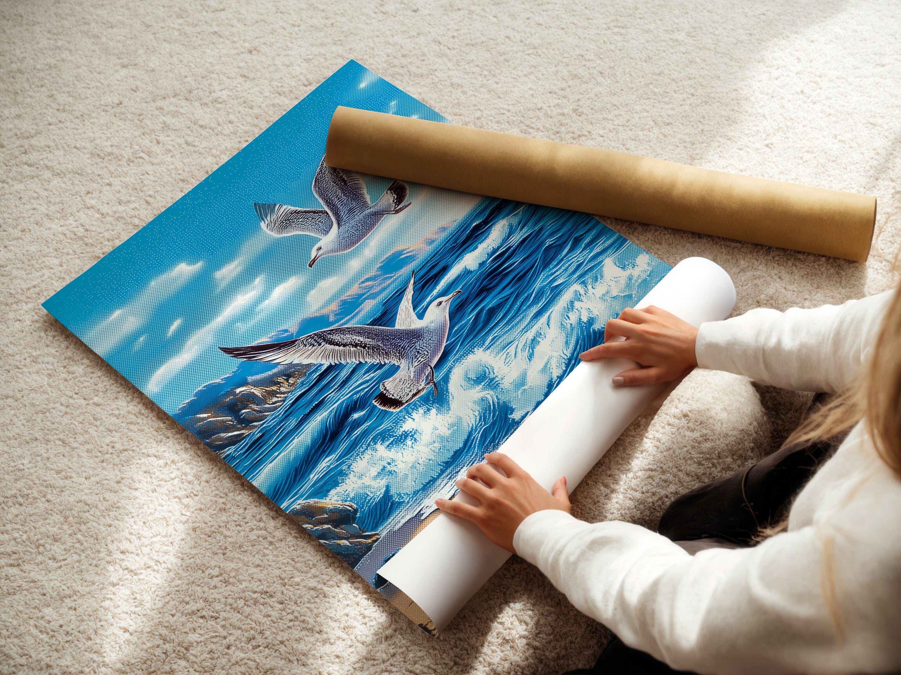 Woman carefully rolling a fine art poster paper. The poster paper is handled with care to prevent any damage. This ensures the artwork remains in pristine condition. Perfect for shipping or storage preserving its beauty.