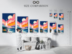 A size comparison chart is displayed in an interior setting. The chart helps visualize different art print sizes. This allows you to choose the perfect piece for your space. Find the ideal size for your art with our comparison chart.