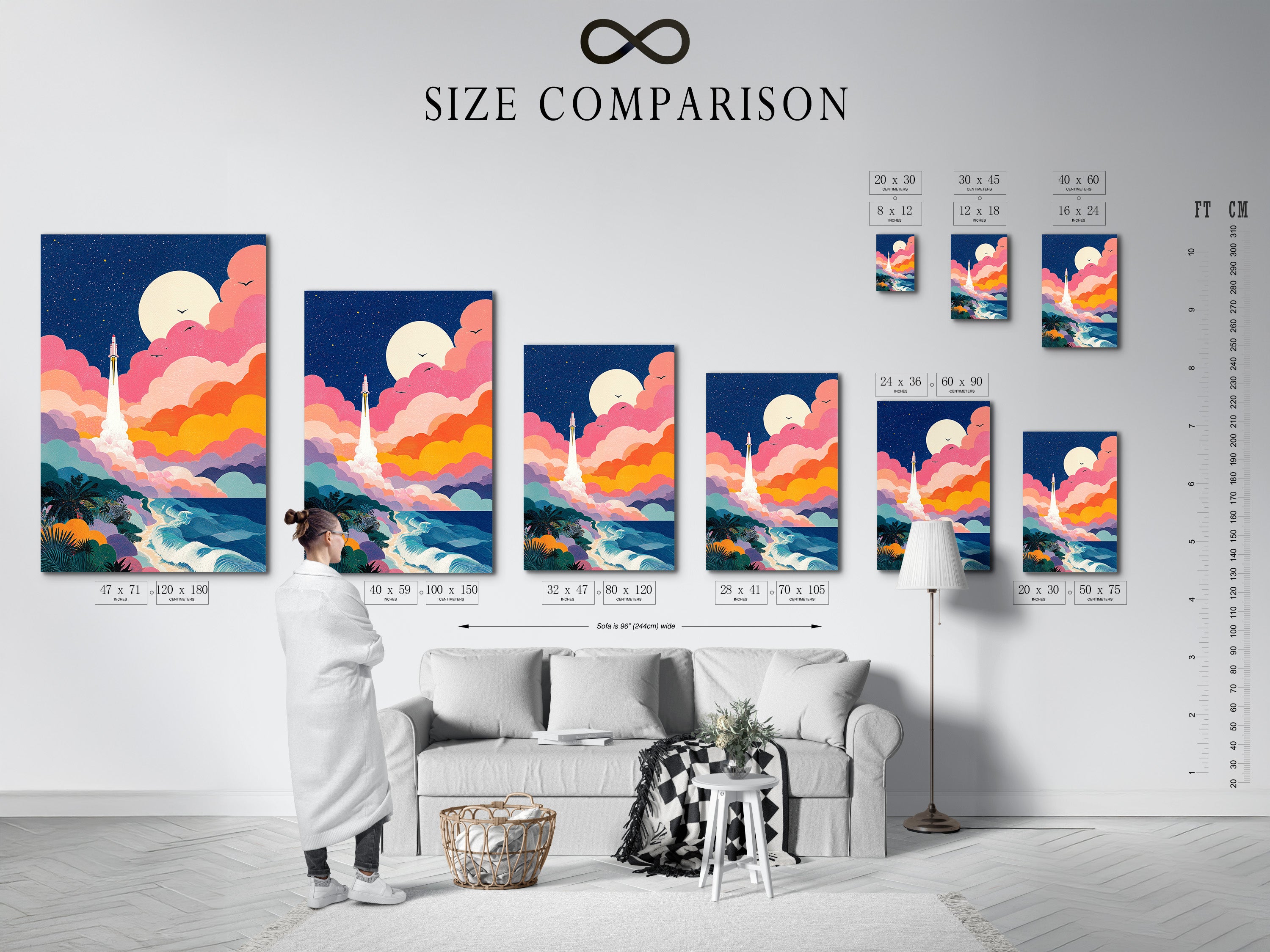 A size comparison chart is displayed in an interior setting. The chart helps visualize different art print sizes. This allows you to choose the perfect piece for your space. Find the ideal size for your art with our comparison chart.
